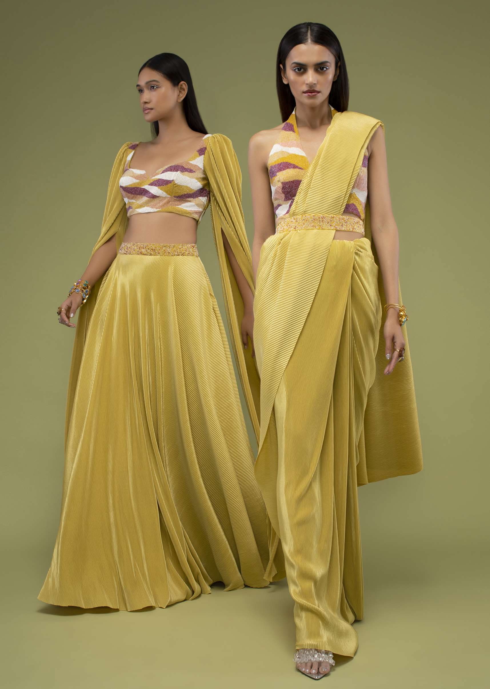 Mustard Yellow Ready-Pleated Saree In The Crush, Paired With The Crop Top In Sleeveless And A Plunging V Neckline - Image 6