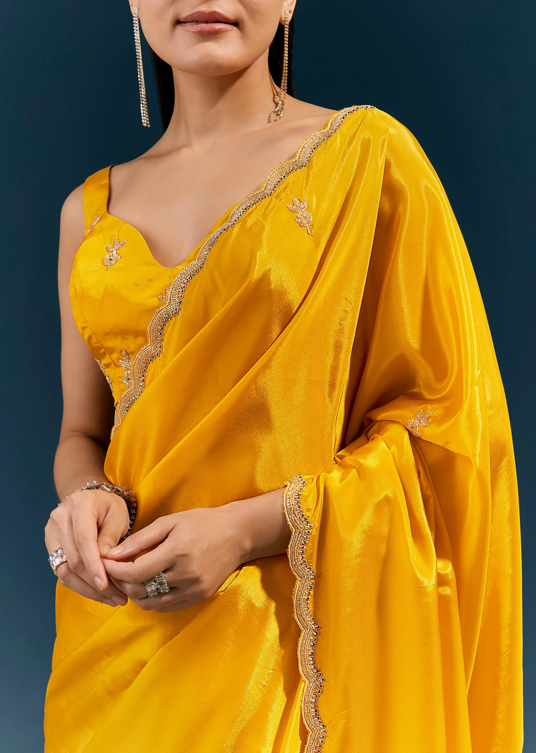 Mustard Yellow Satin Saree With Scalloped Embroidered Border And Butti - Image 2