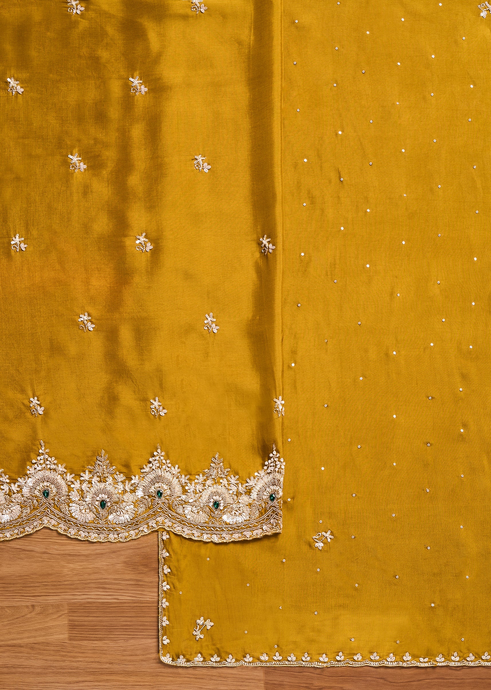 Mustard Yellow Satin Unstitched Suit With Dupatta - Image 2