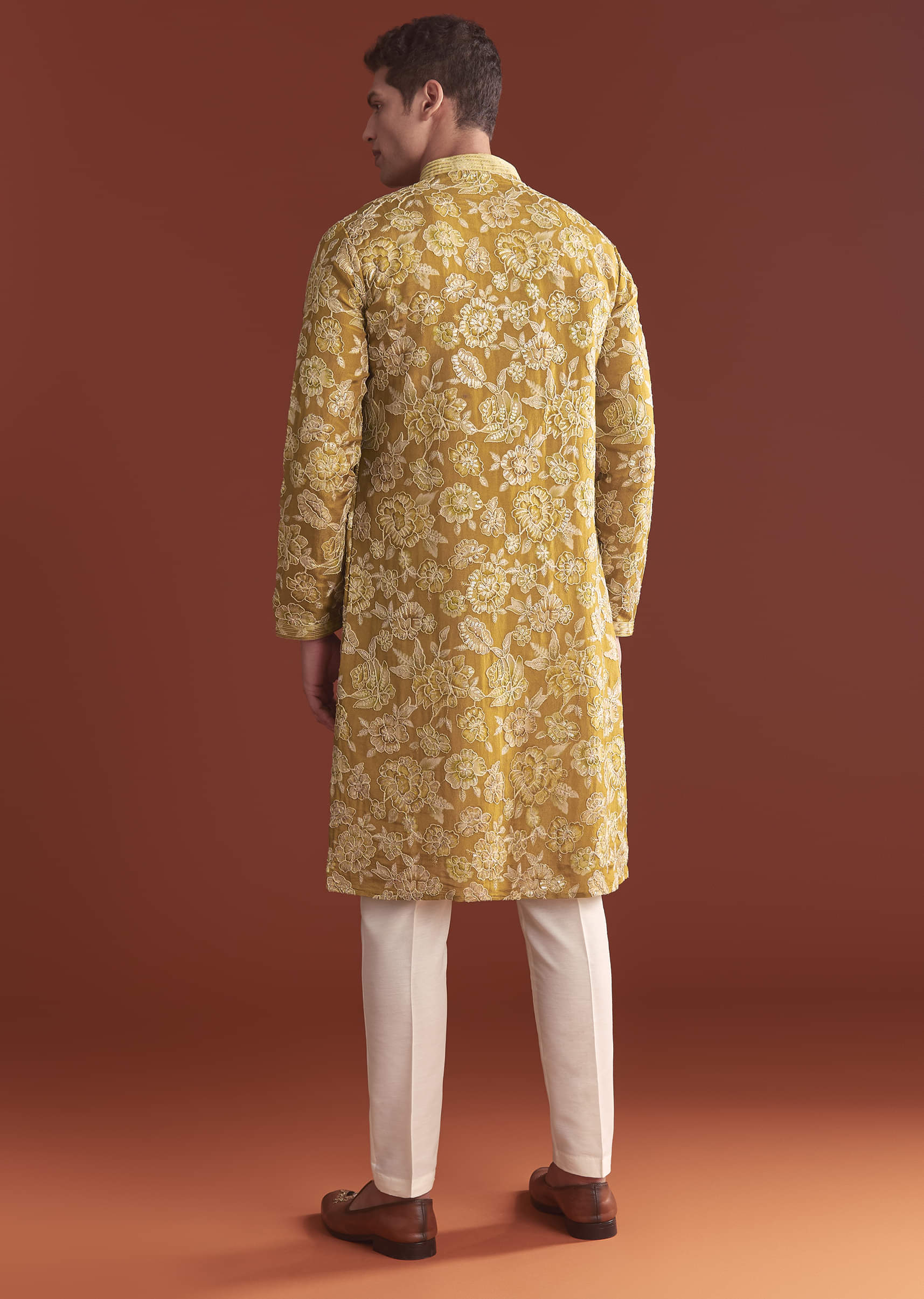 Mustard Yellow Silk Kurta Set For Men With Floral Resham Work - Image 5