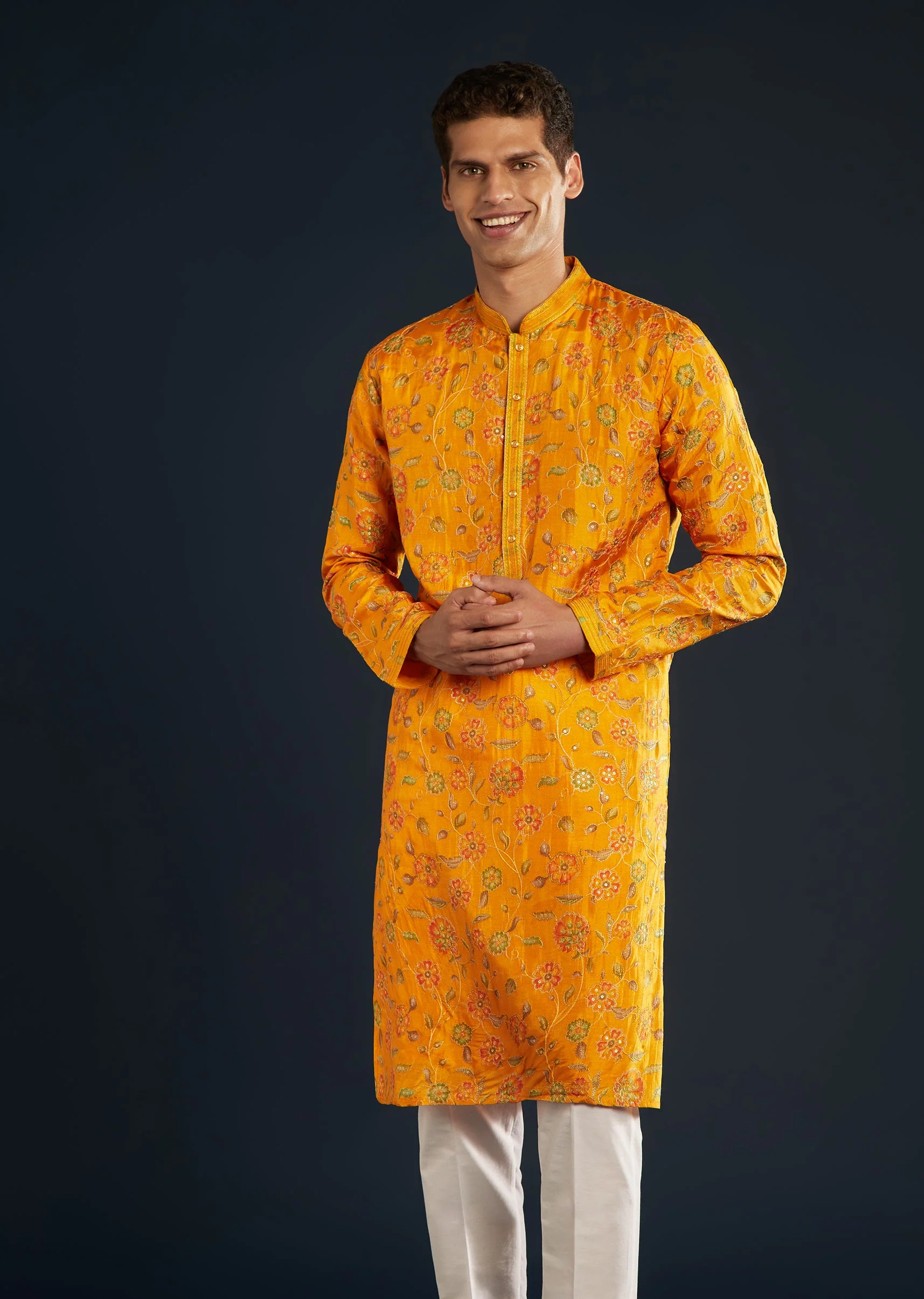 Mustard Yellow Silk Mens Kurta Set with Resham Sequins - Image 4