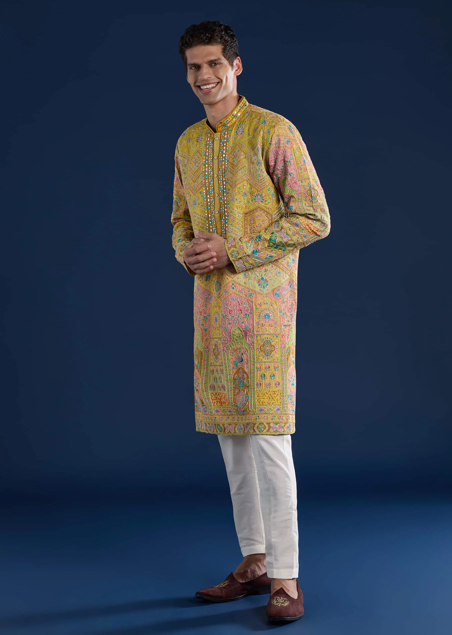 Mustard Yellow Silk Mirror Work Mens Kurta and Pant Set - Image 3