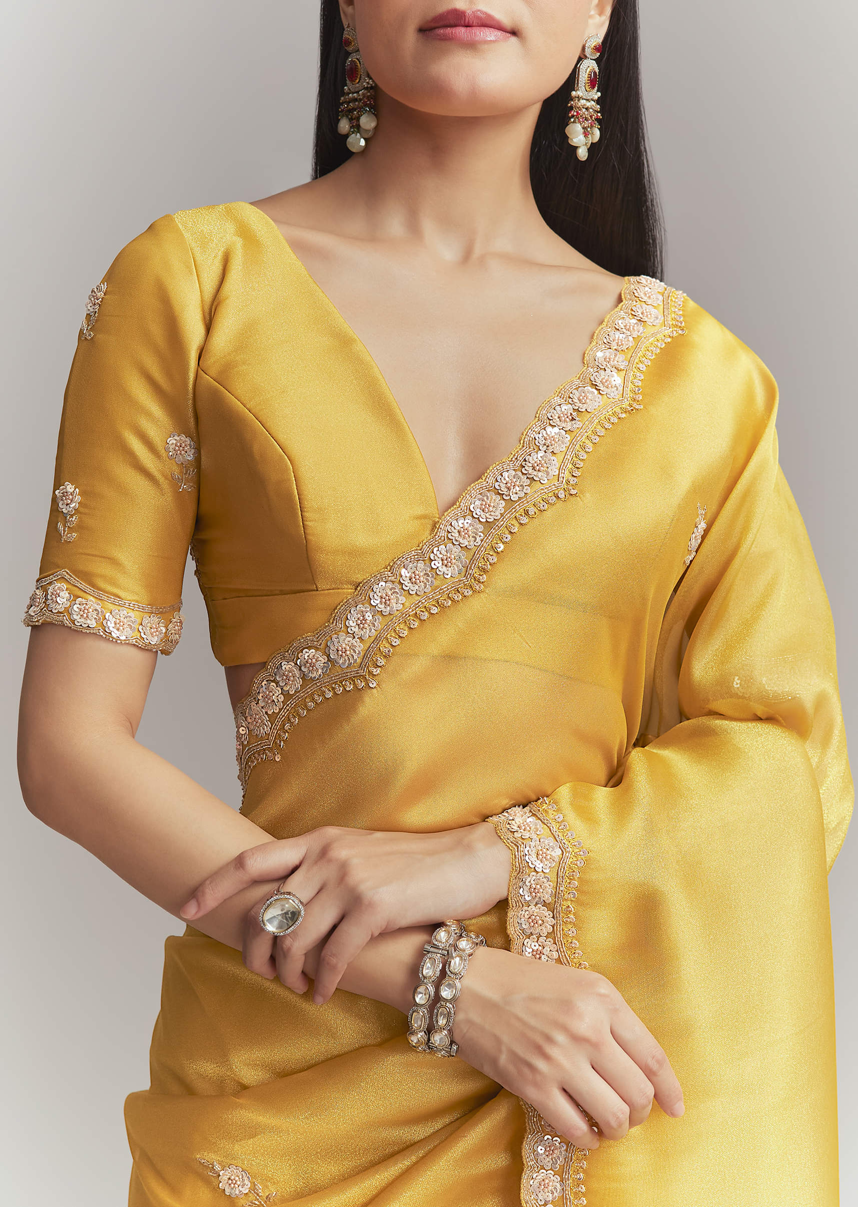 Mustard Yellow Tissue Embroidered Saree With Heavy Hand Embroidery - Image 2