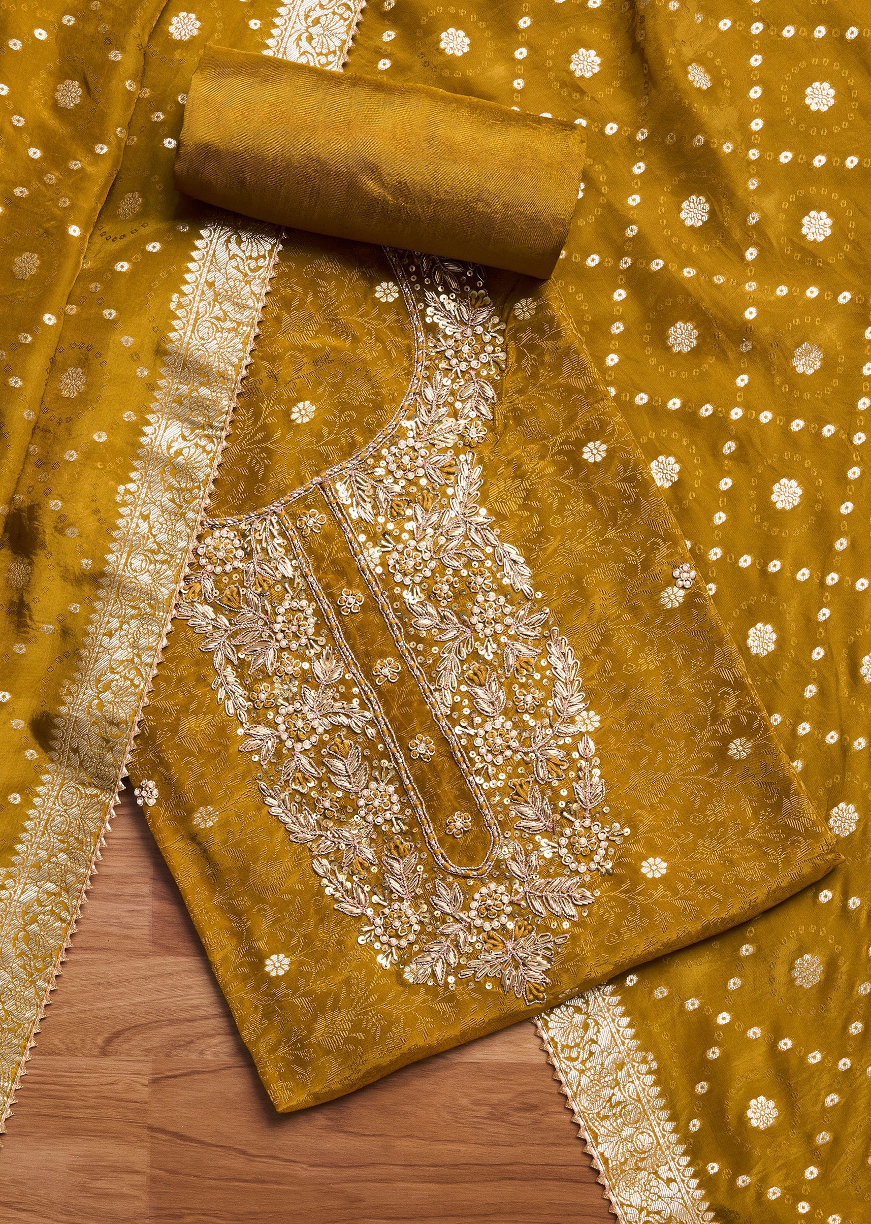 Mustard Yellow Tissue Embroidered Unstitched Suit Set