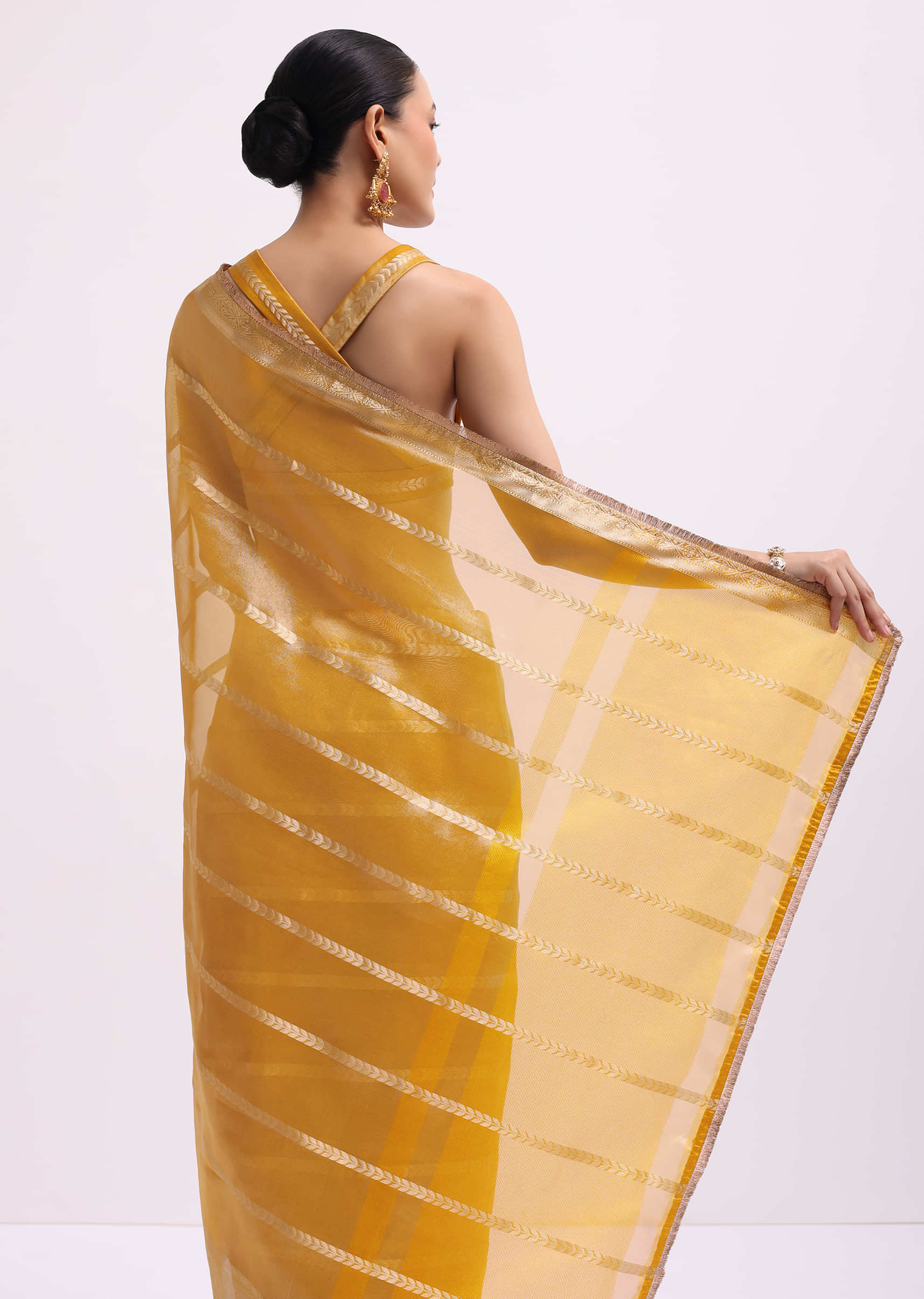 Mustard Yellow Zari Woven Chanderi Saree With Unstitched Blouse - Image 4