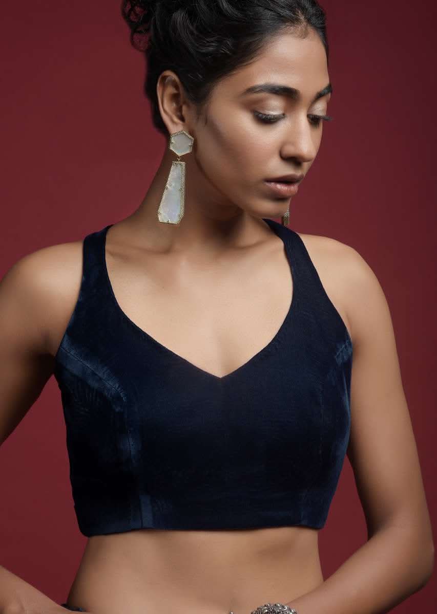 Navy Blue Blouse In Velvet With Halter Straps And Sweetheart Neckline - Image 3