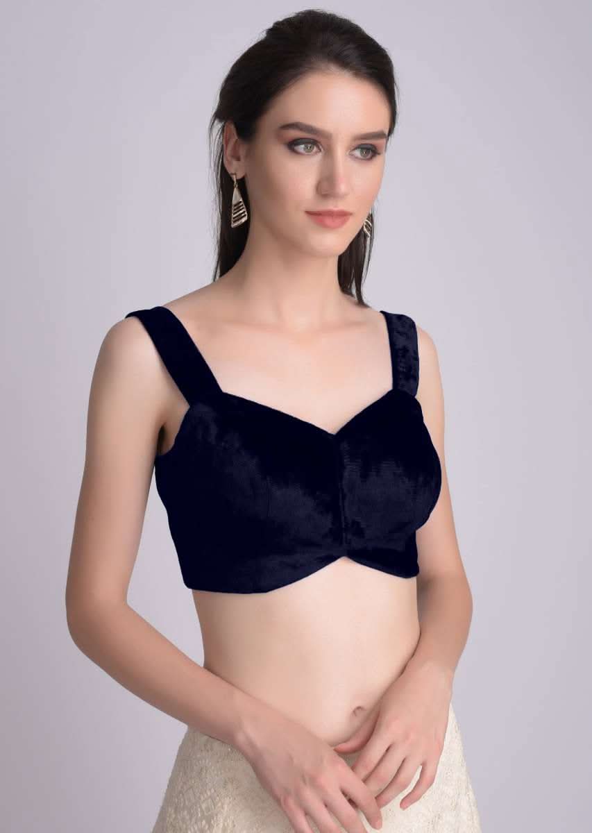 Navy blue Blouse In Velvet With Sweetheart Neckline And  Curved Hem - Image 4