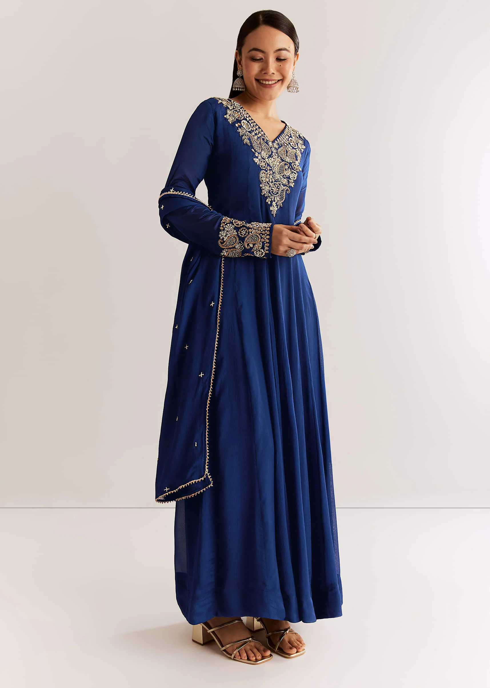 Navy Blue Chinon Anarkali Set With Cutdana Moti And Gotta Lace Dupatta - Image 4