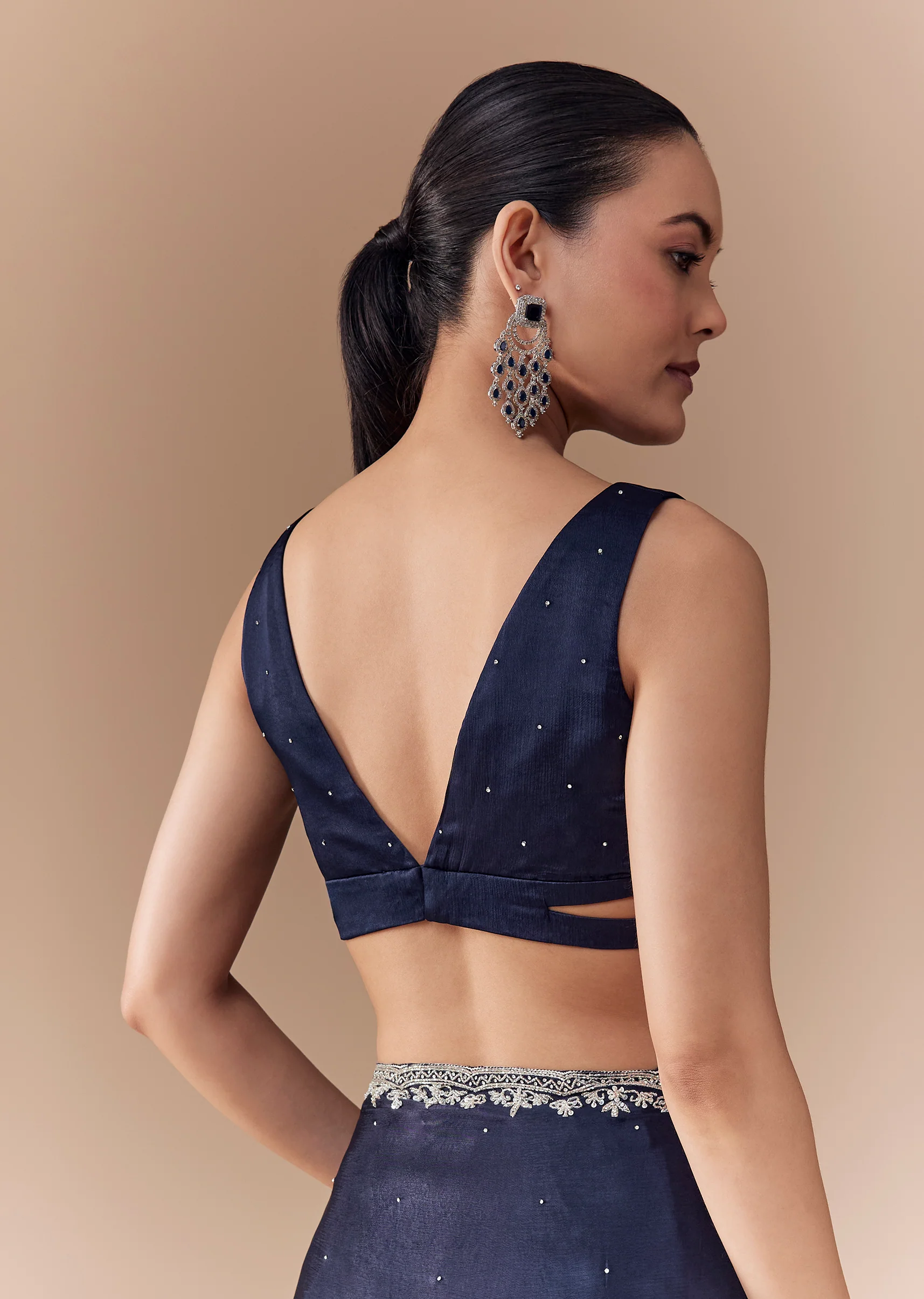 Navy Blue Chinon Embroidered Border Saree with Blouse Fabric - Image 8