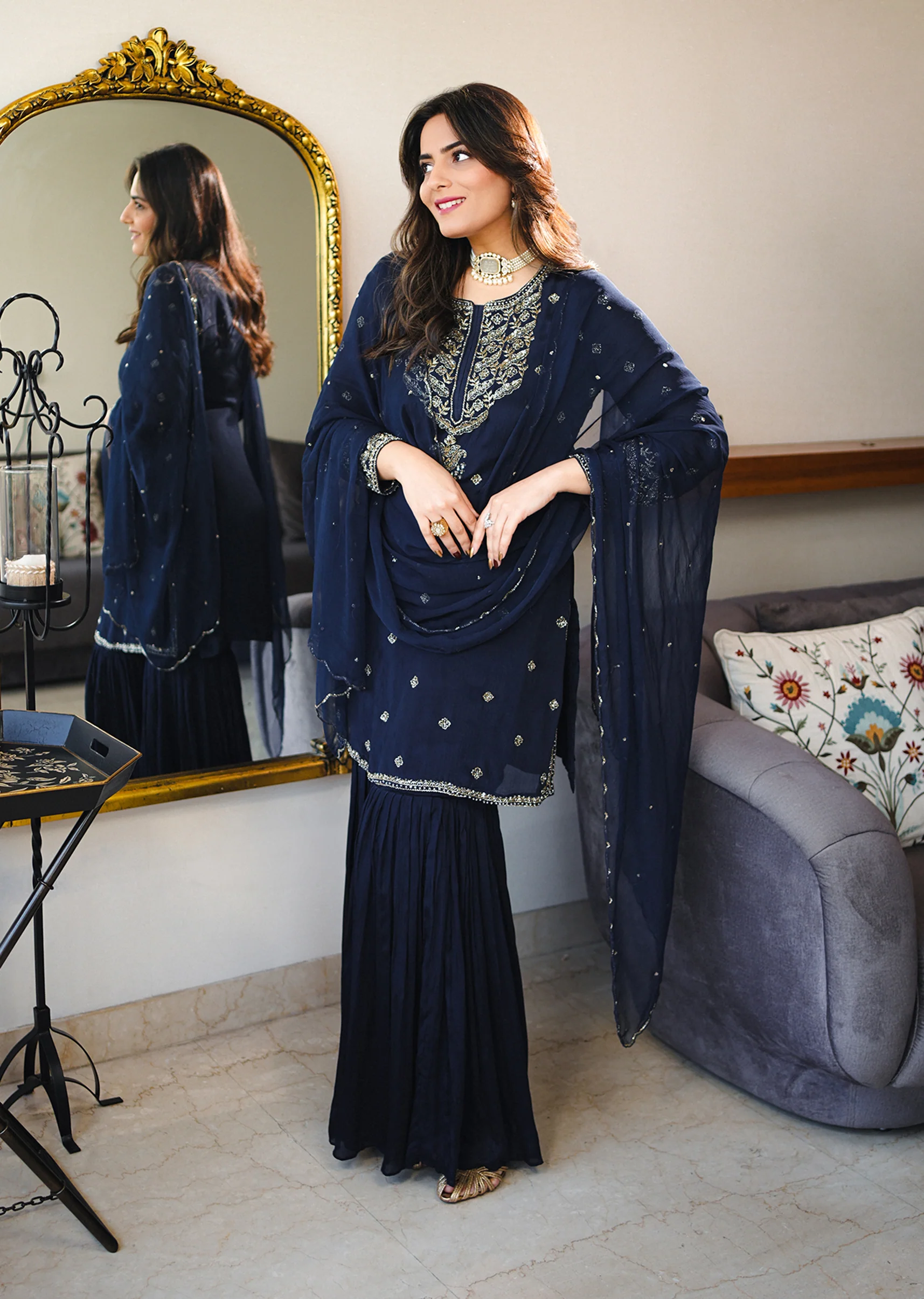 Navy Blue Chinon Sharara Suit With Cutdana And Sequin Embroidered Kurta - Image 3