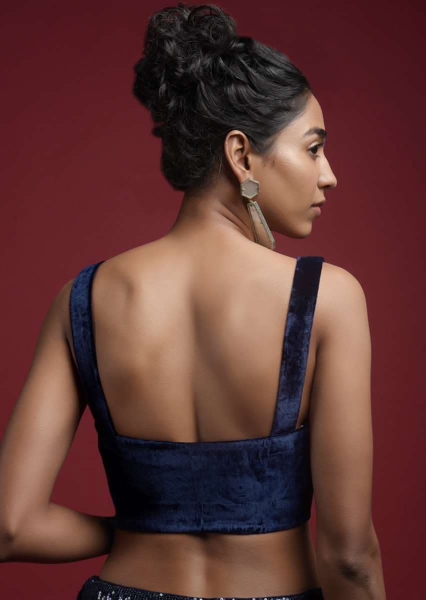 Navy blue Corset Blouse In Velvet With Sweetheart Neckline - Image 4