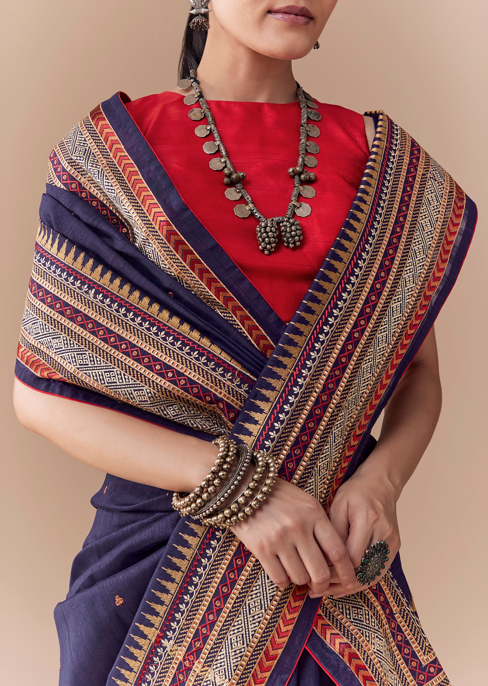 Navy Blue Cotton Linen Woven Saree with Blouse Fabric - Image 2