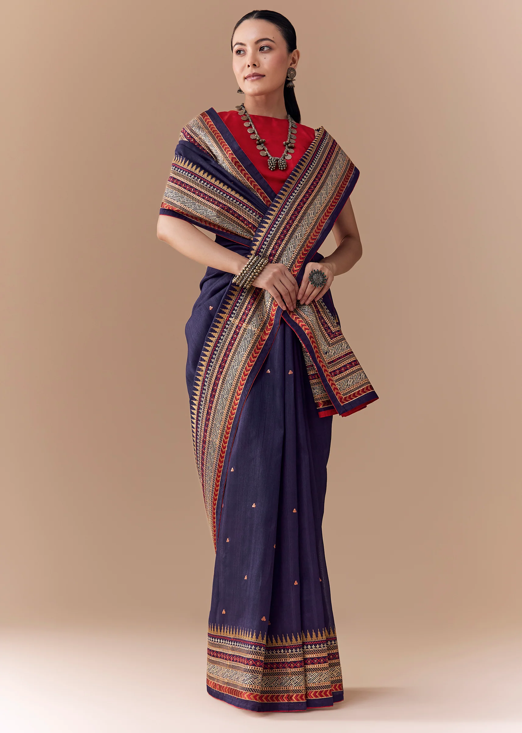 Navy Blue Cotton Linen Woven Saree with Blouse Fabric - Image 3