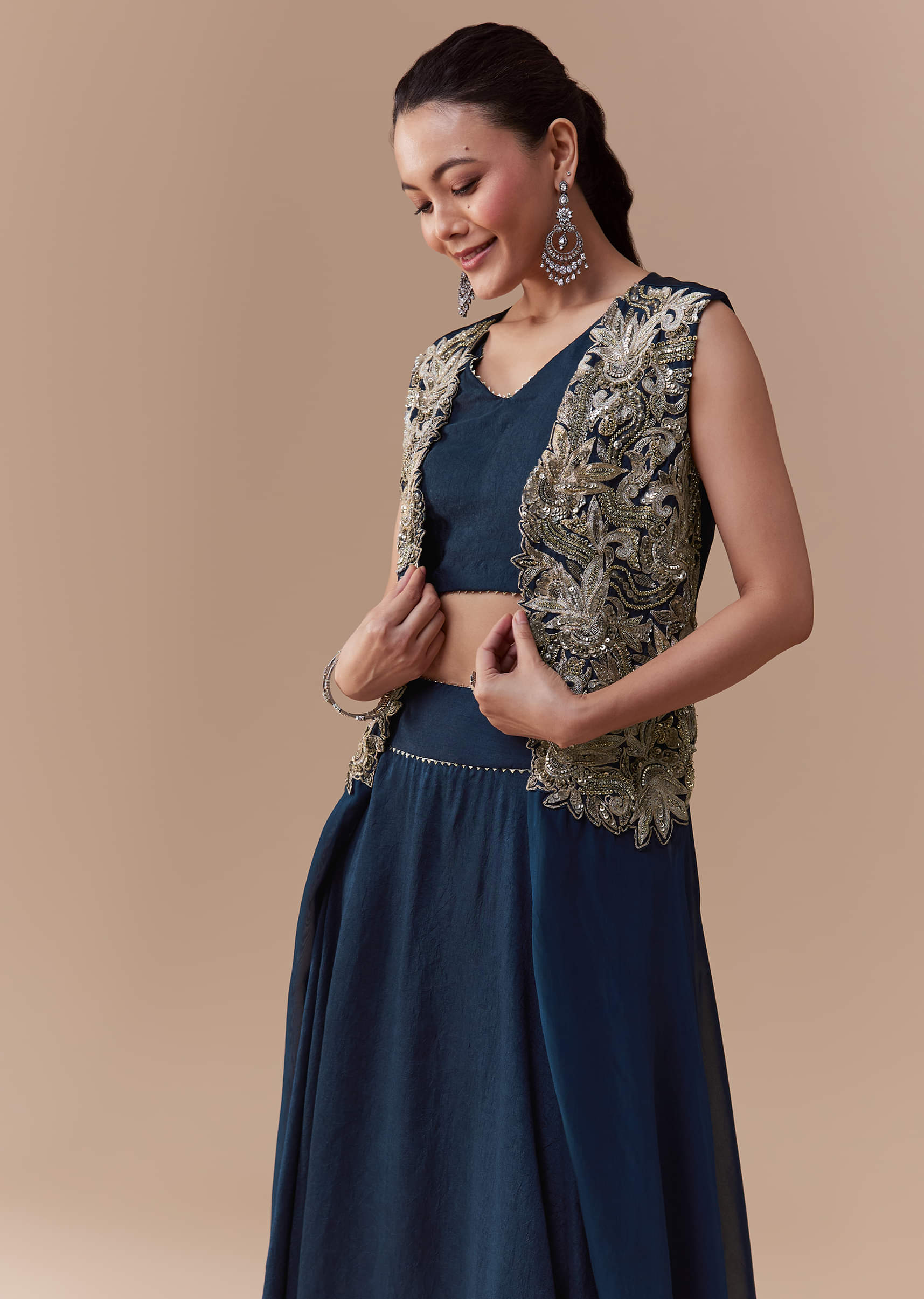 Navy Blue Crop Top Silk Skirt Set with Zari Jacket - Image 4