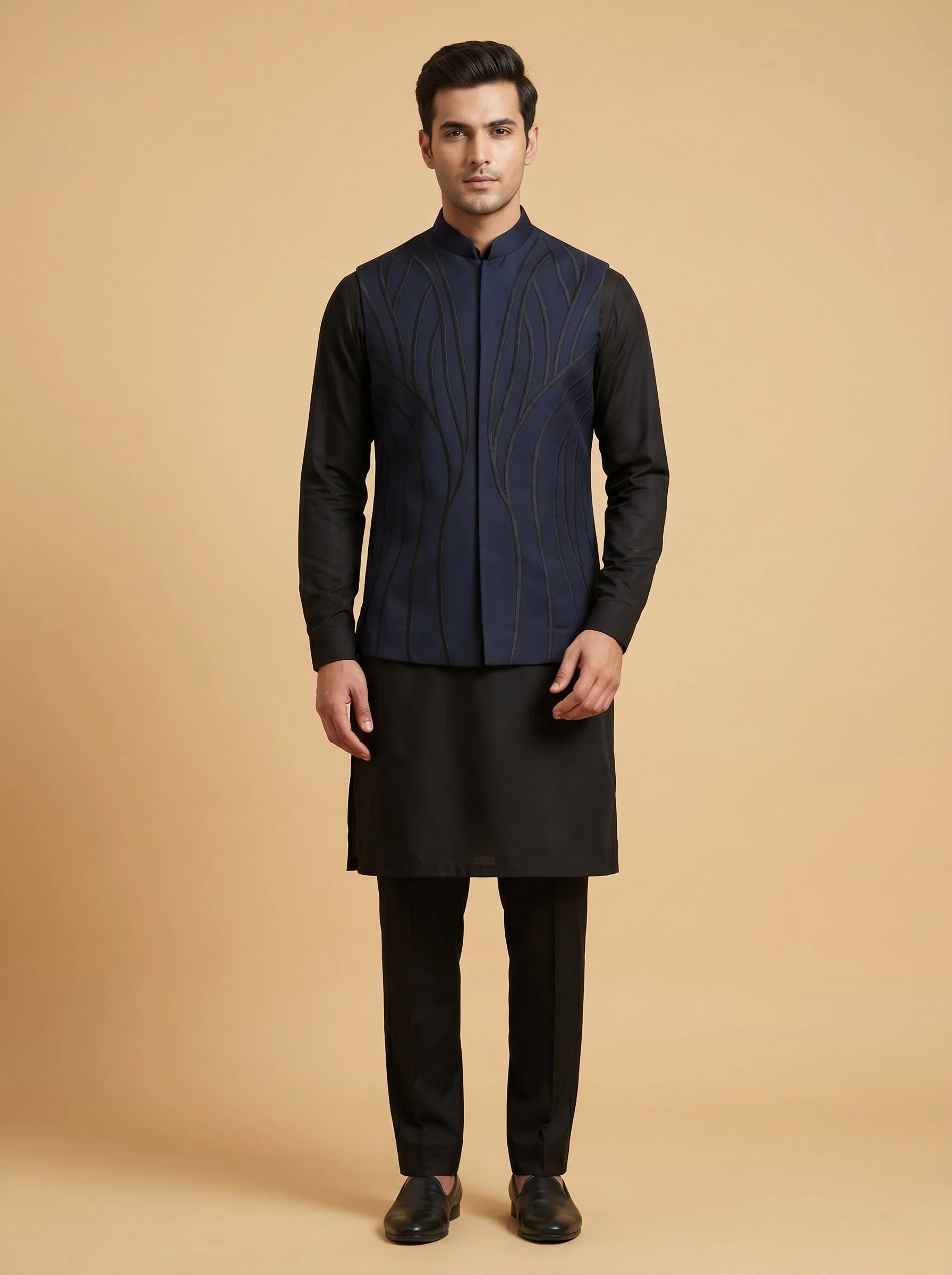 Navy Blue Designer Jacket Kurta Set