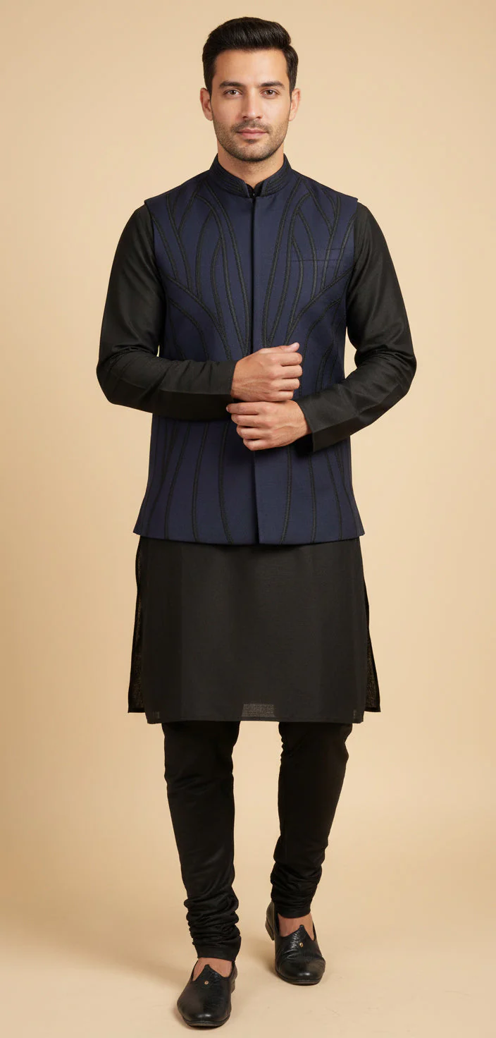 Navy Blue Designer Jacket Kurta Set - Image 2