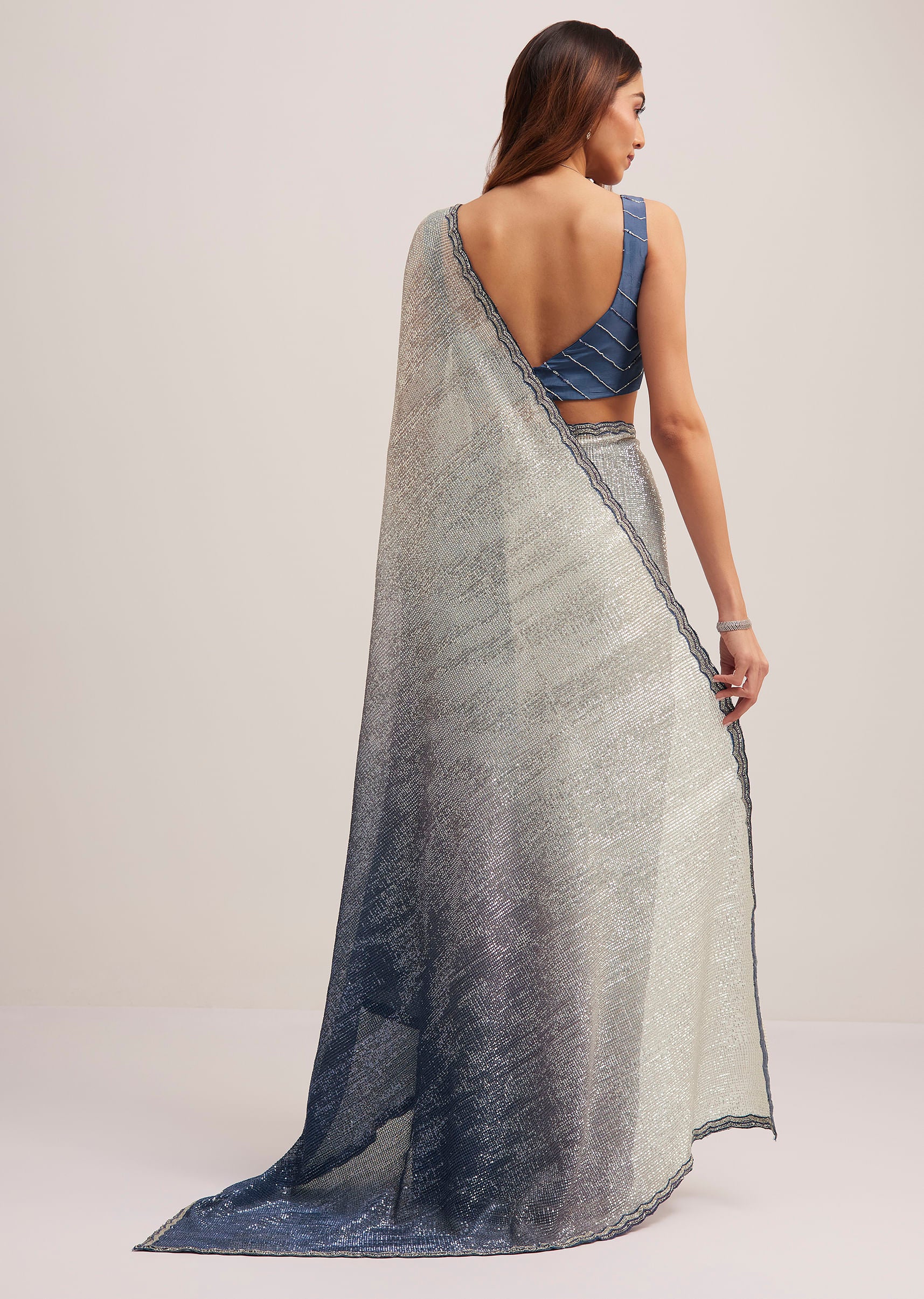 Navy Blue Dual Shaded Sequins Saree With Scalloped Border - Image 4