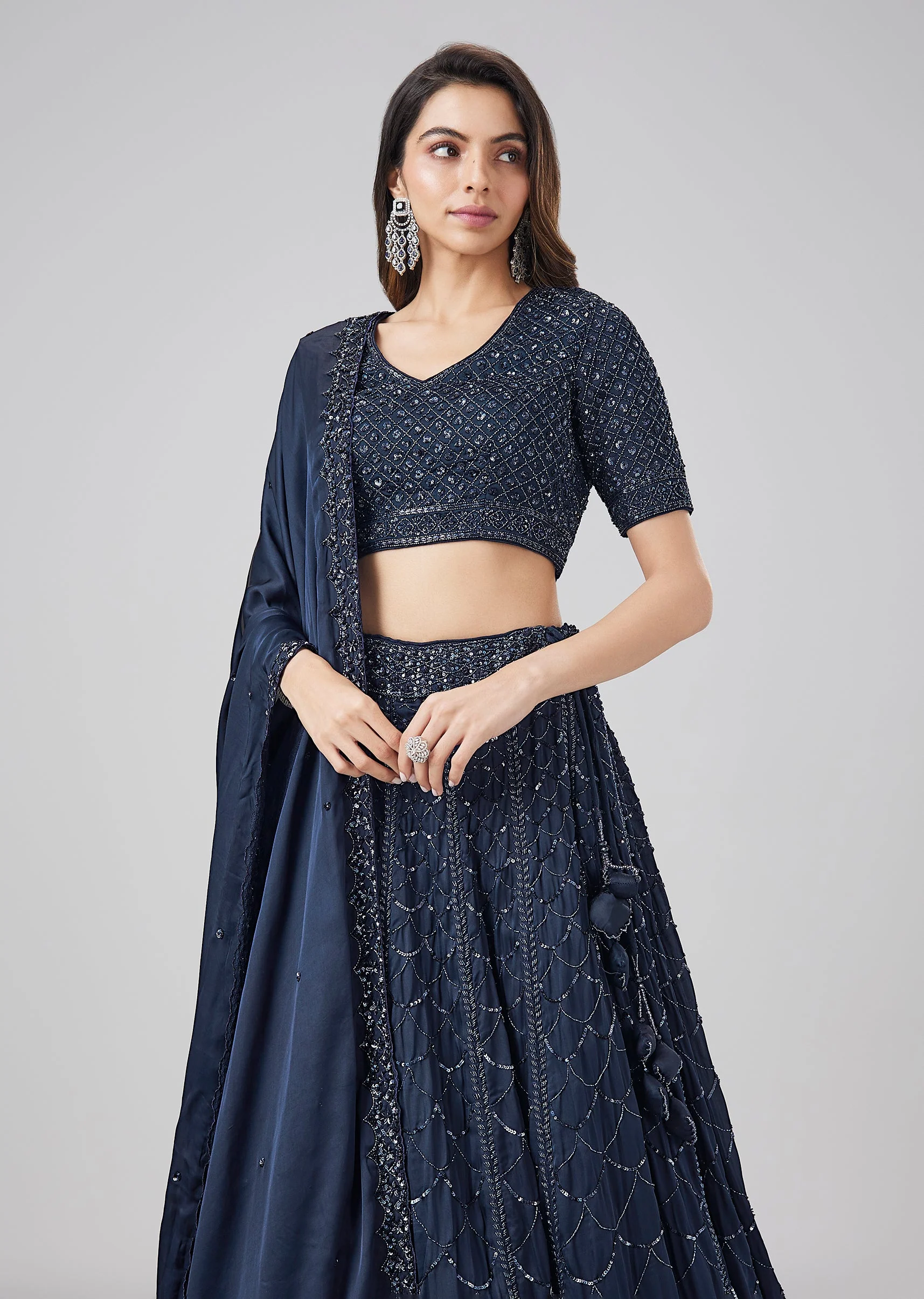 Navy Blue Embellished Satin Lehenga Set With Dupatta - Image 4
