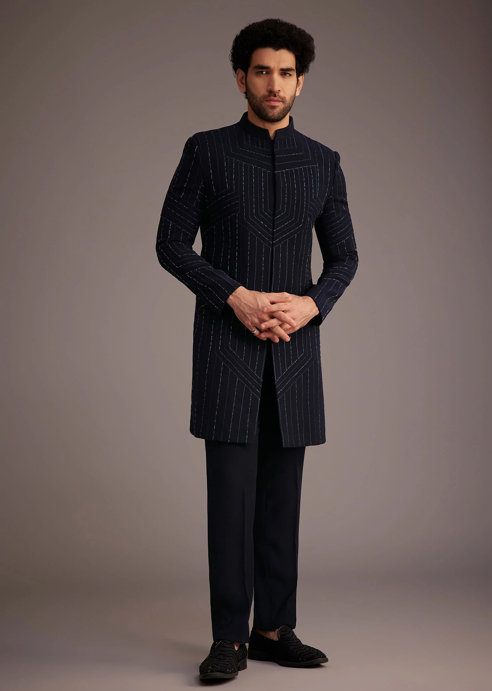 Navy Blue Embroidered Bandhgala Suit - Image 4