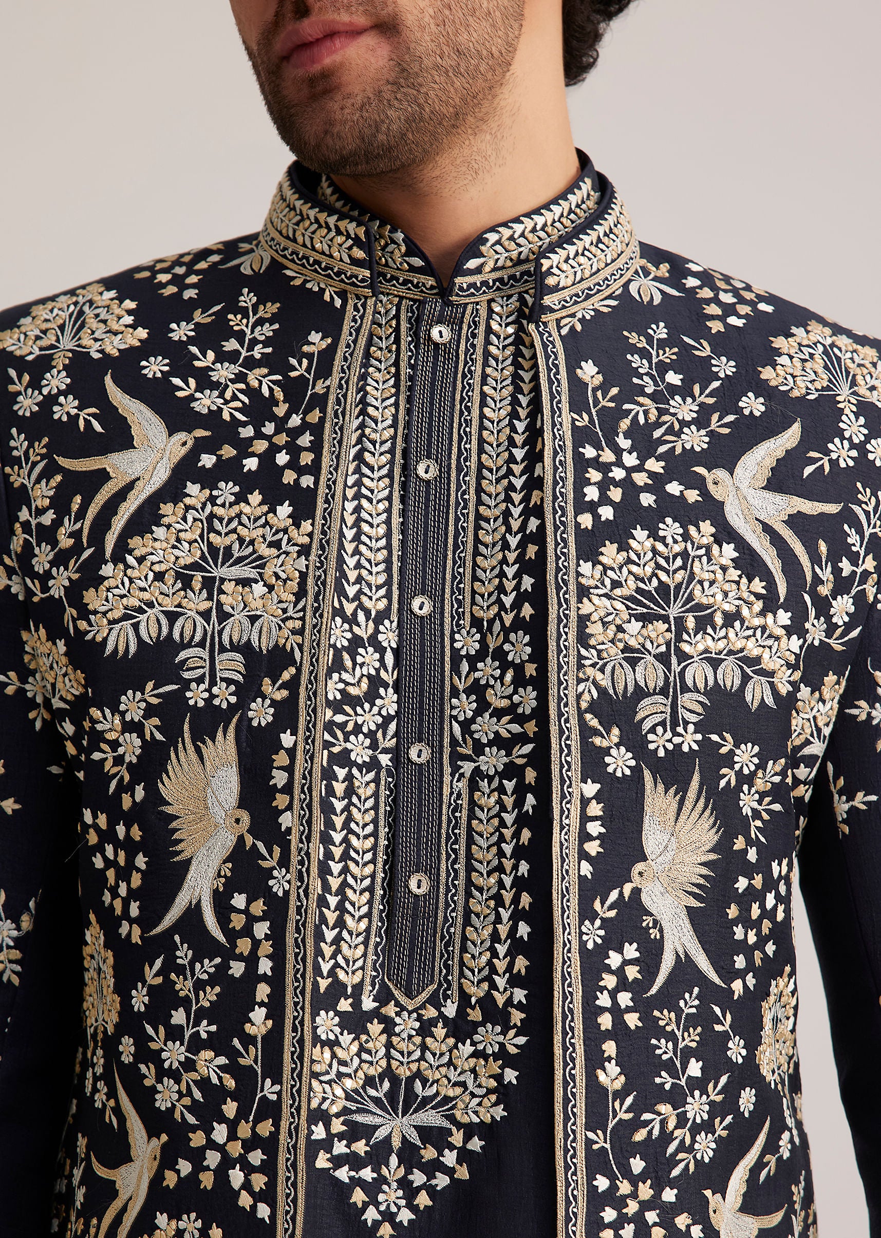 Navy Blue Embroidered Sherwani Kurta Set - Image 2