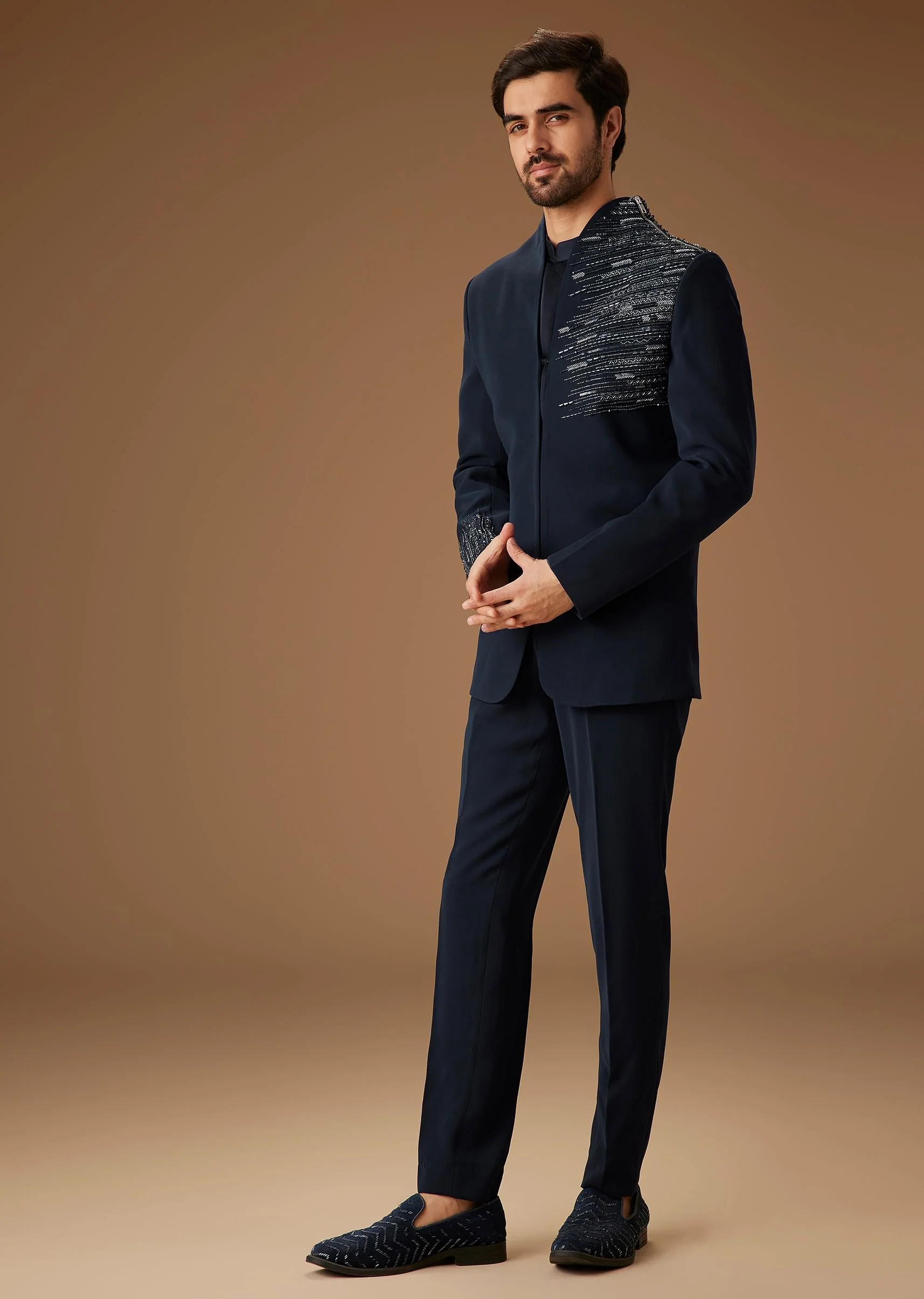 Navy Blue Embroidered Tuxedo Set - Image 2