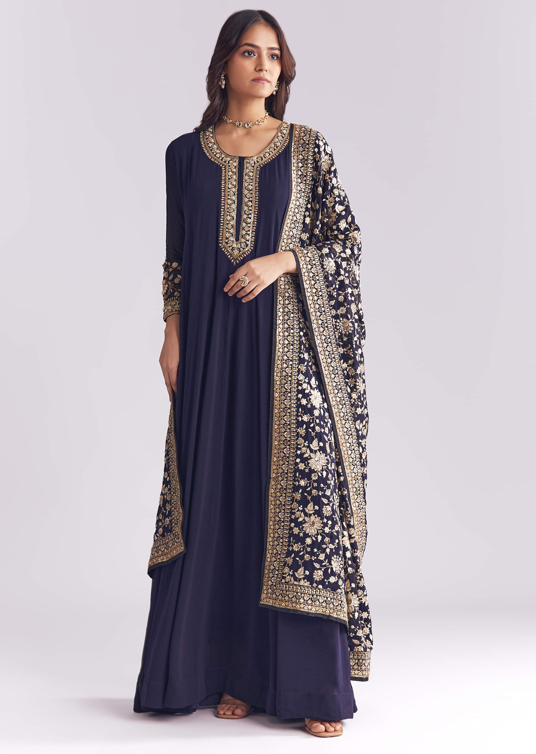 Navy Blue Georgette Anarkali Suit With Thread And Sequins Embroidery - Image 3