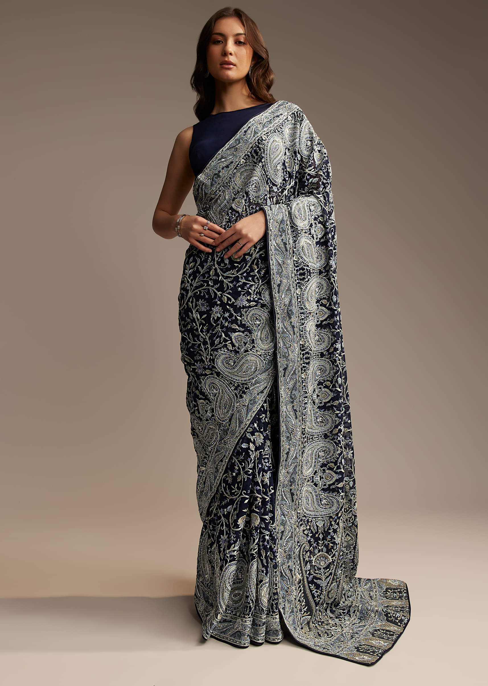 Navy Blue Georgette Saree with Heavy Floral Embroidery