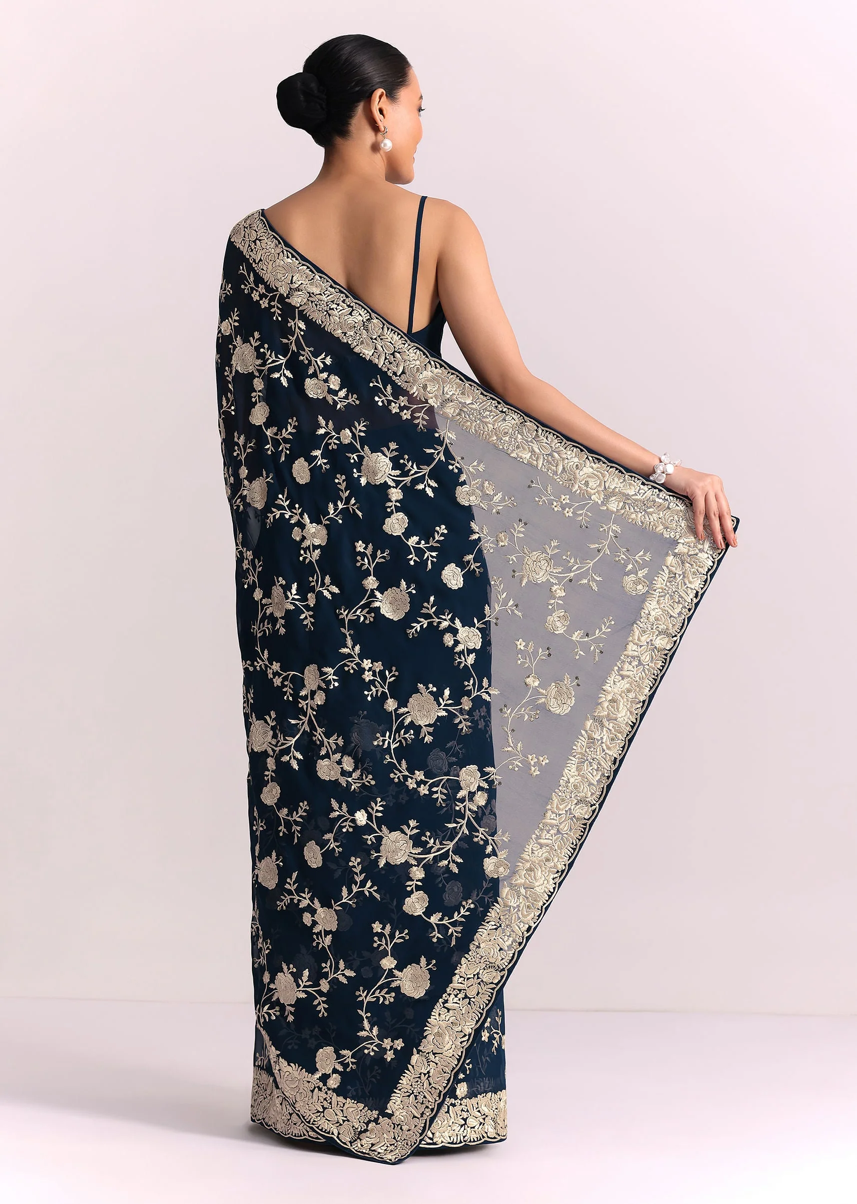 Navy Blue Georgette Saree With Parsi Gara Thread Embroidery - Image 6