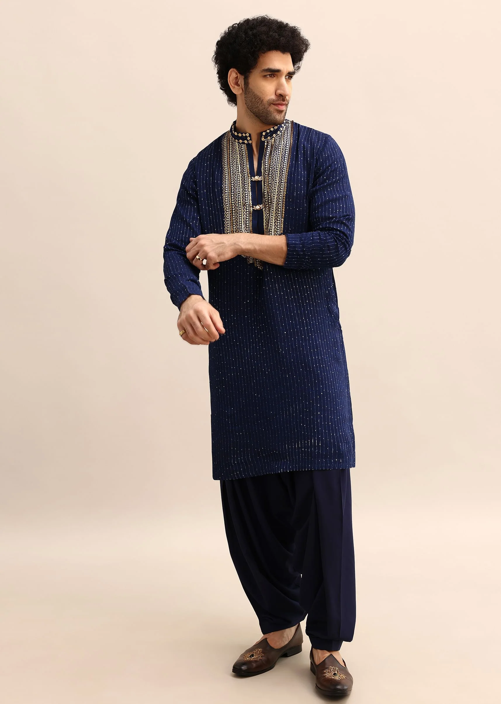 Navy Blue Gold Coin Work Kurta Salwar Set - Image 2