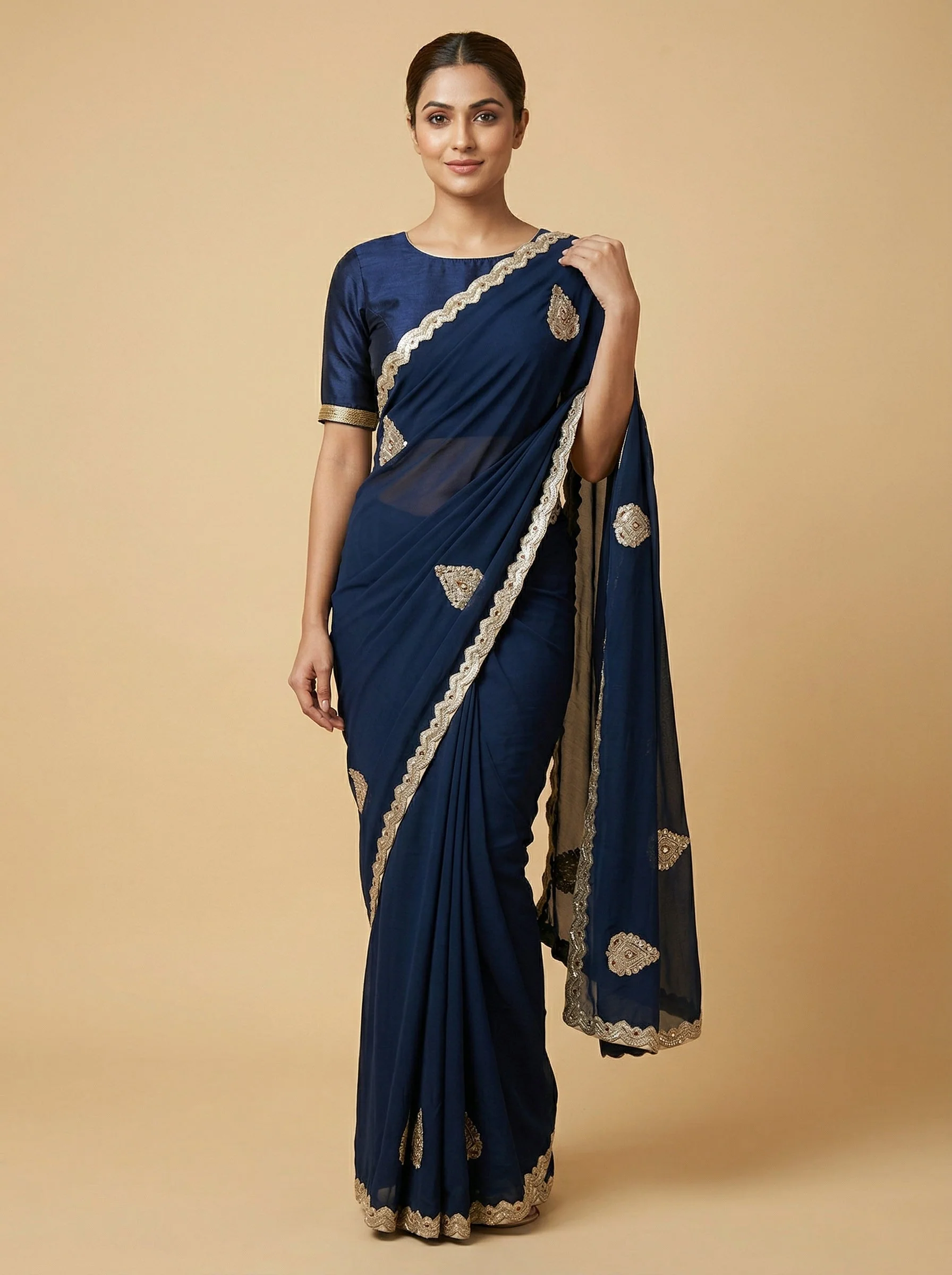 Navy Blue Graceful Embroidered Saree