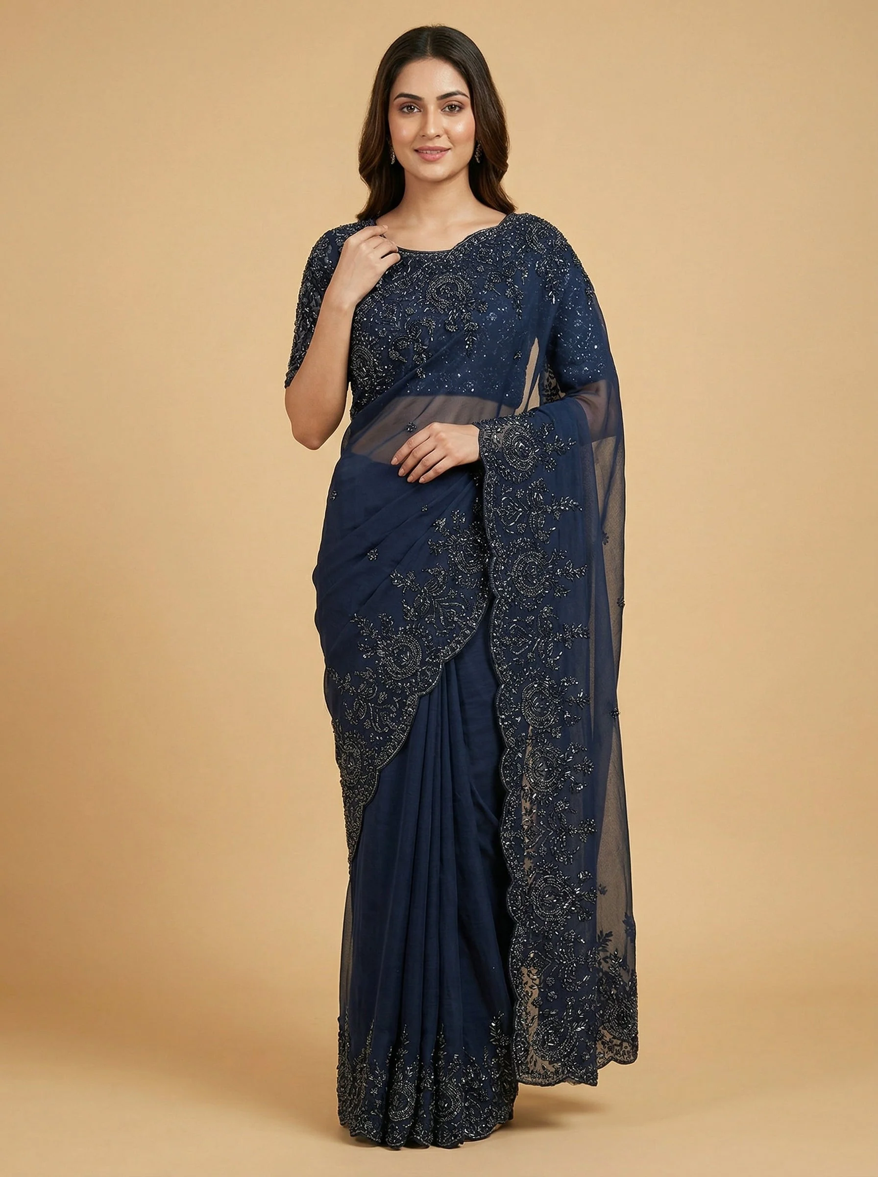 Navy Blue Imperial Embroidered Saree