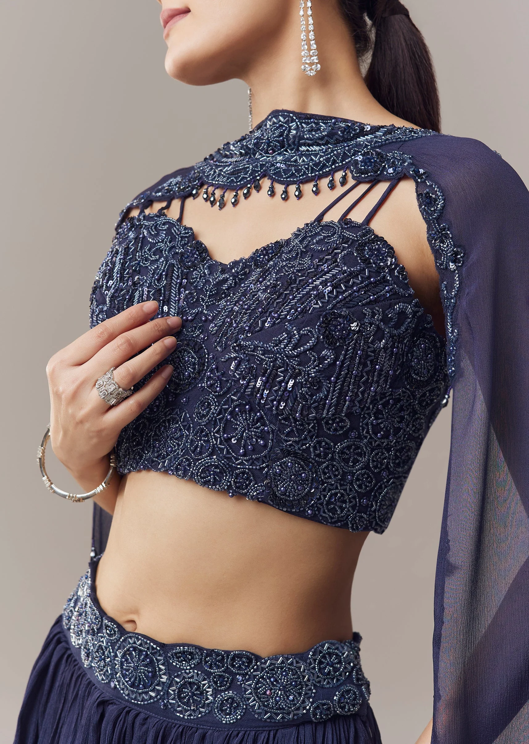 Navy Blue Lehenga With Beads Sequins And Cut Dana Work - Image 2