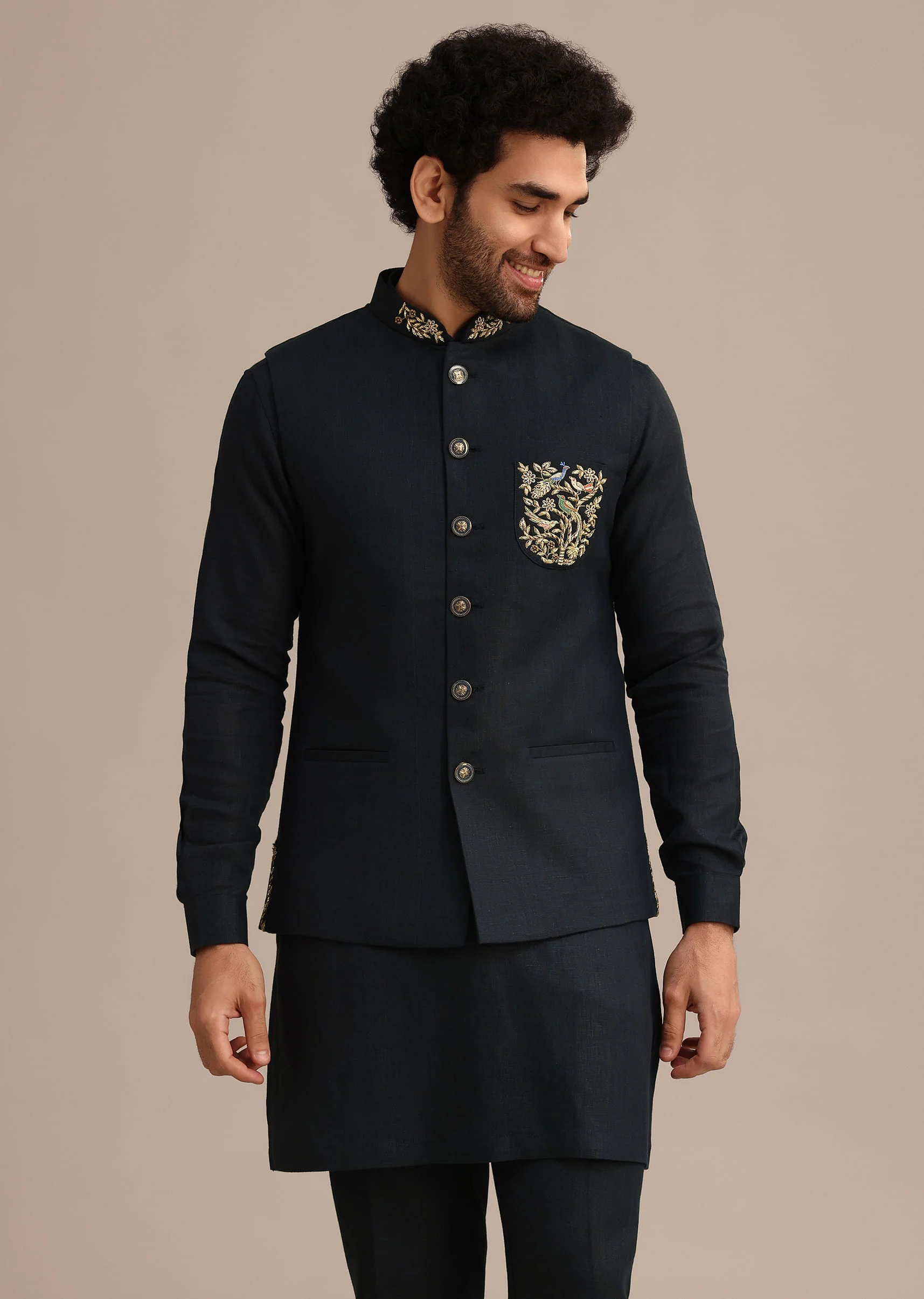 Navy Blue Linen Zardosi Embroidered Jacket Kurta Set - Image 4