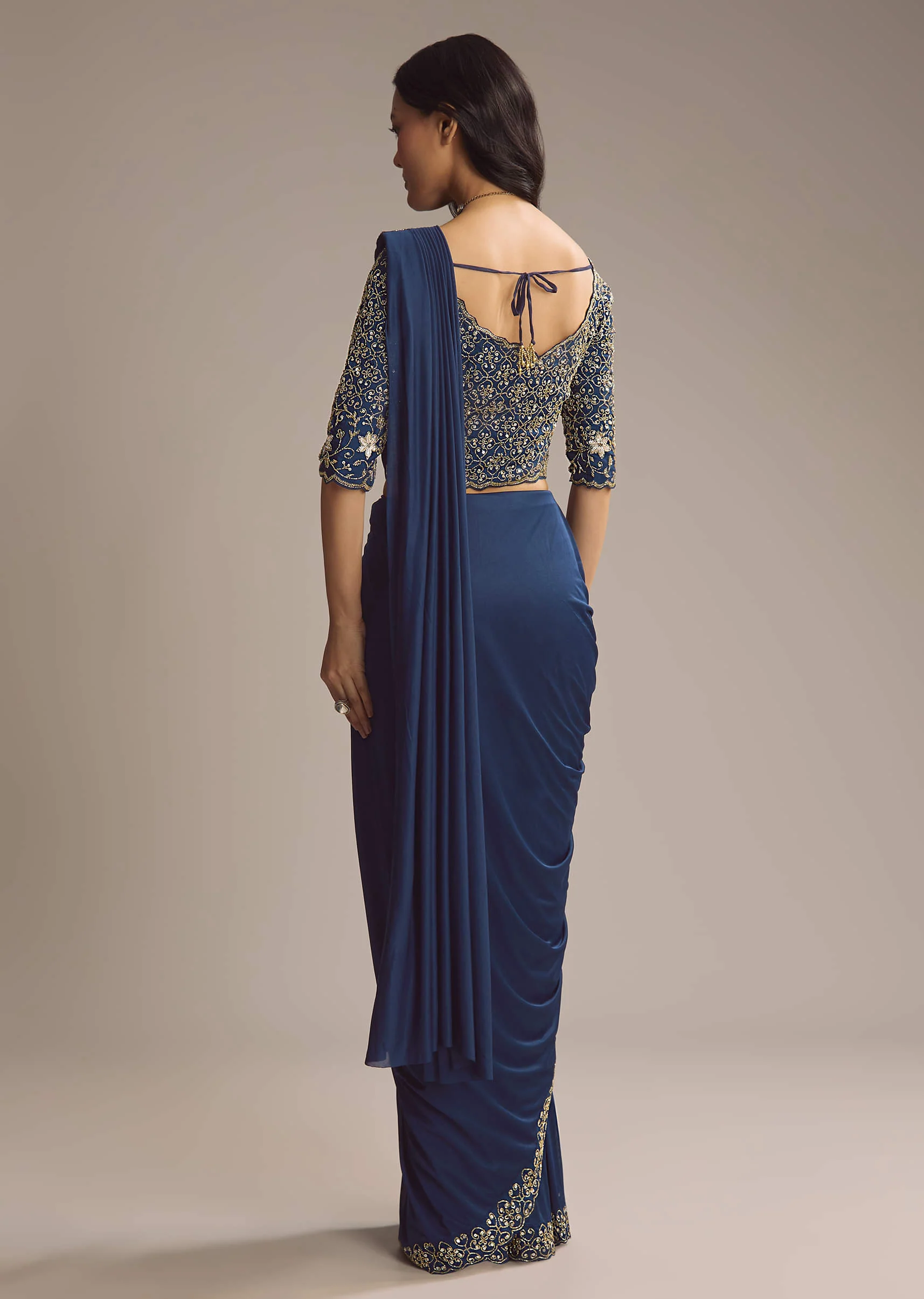 Navy Blue Lycra Ready Pleated Saree With Cutdana Work - Image 5