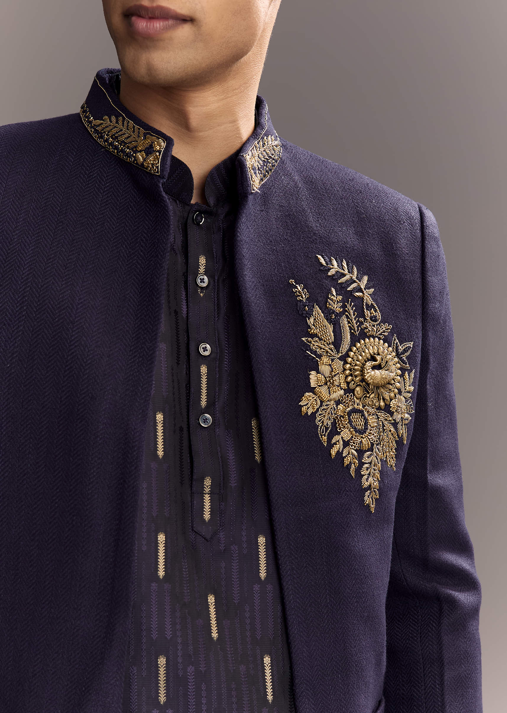 Navy Blue Matka Silk Jodhpuri Suit For Men With Hand Embroidery - Image 2