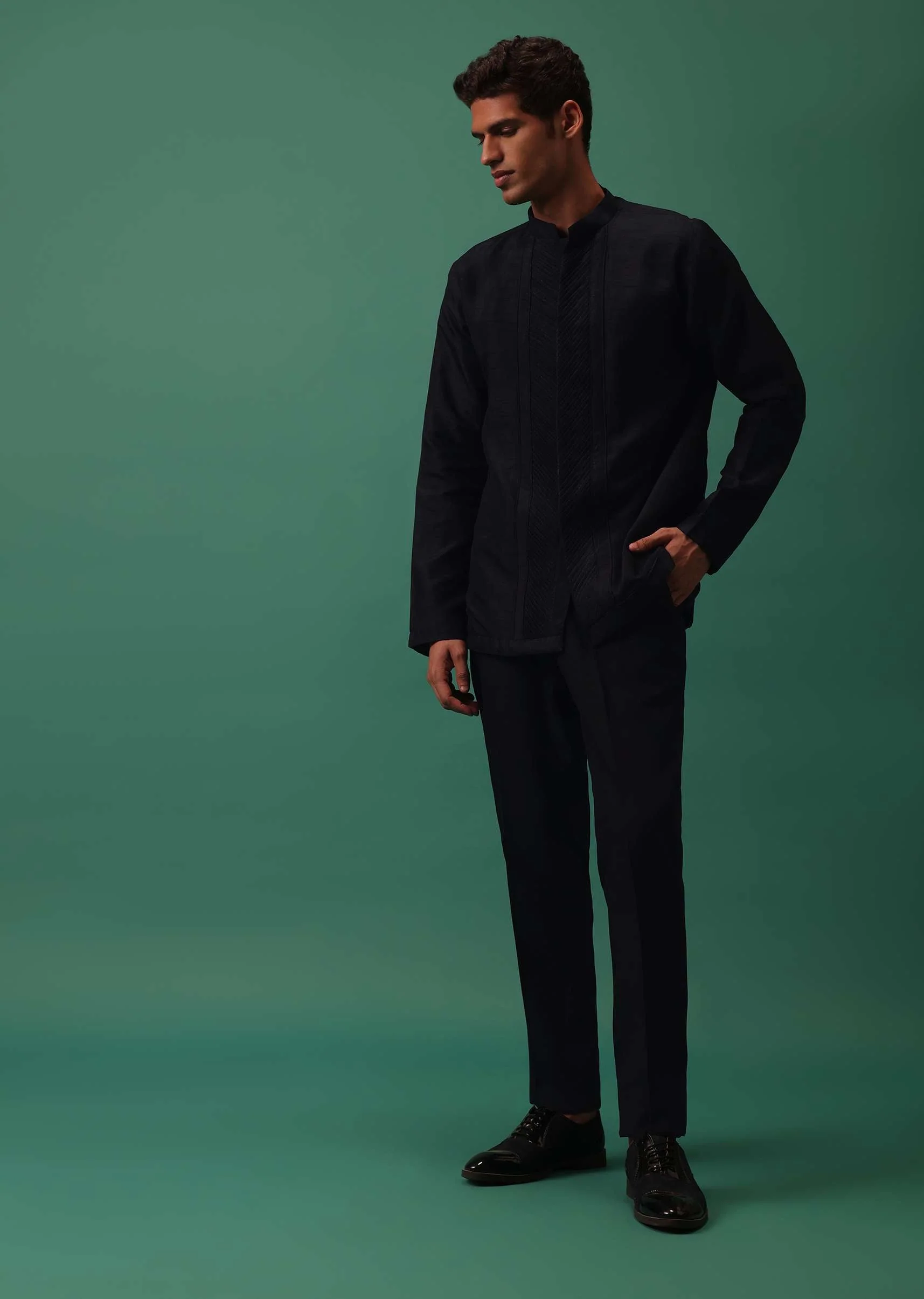 Navy Blue Open Style Jodhpuri Jacket Set With Pleated Kurta