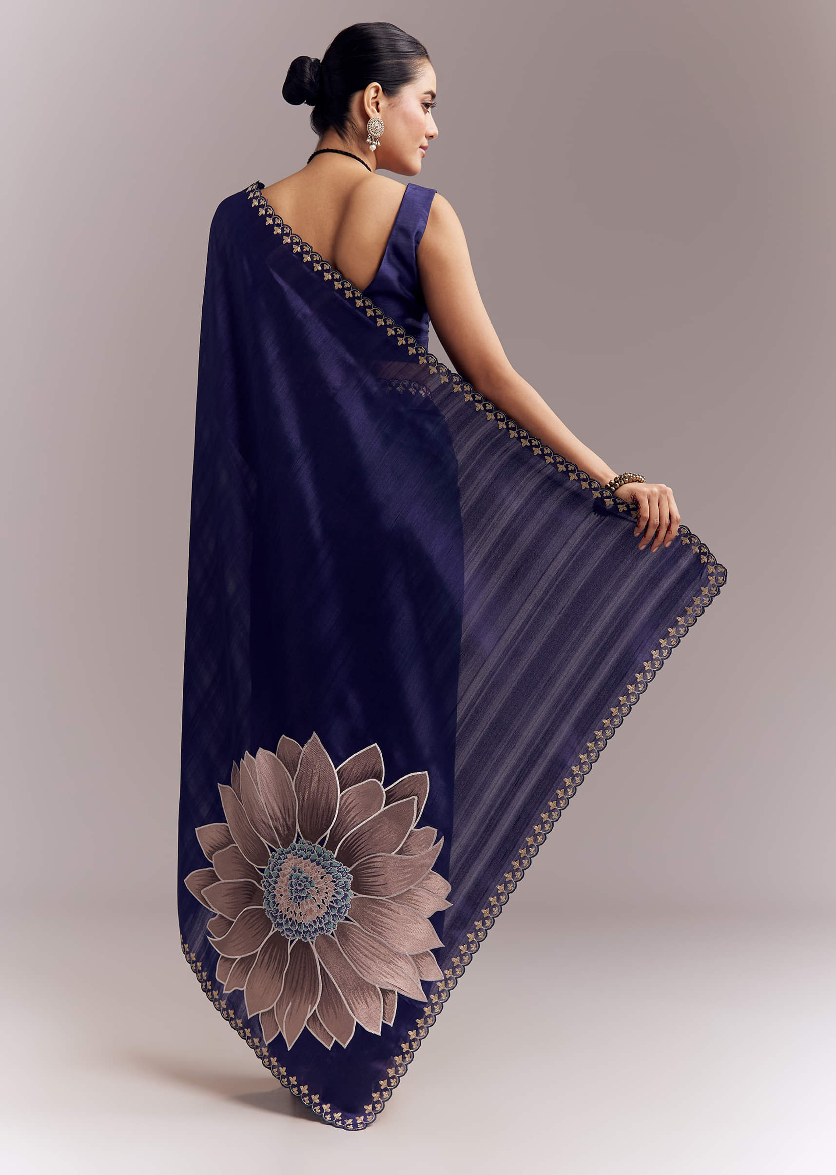 Navy Blue Organza Silk Saree With Floral Embroidery And Cutwork - Image 4
