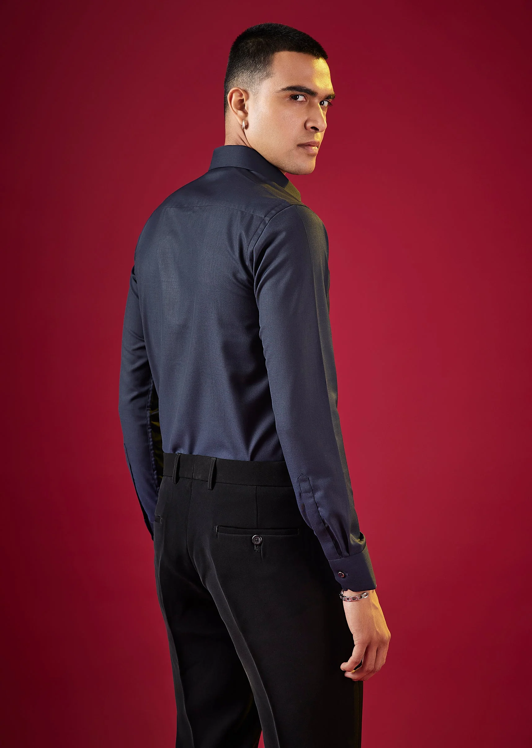 Navy Blue Patchwork Embellished Mens Shirt - Image 4
