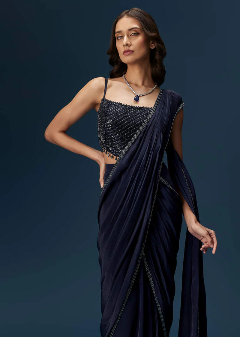 Navy Blue Pre Draped Saree With Embroidered Blouse - Image 3