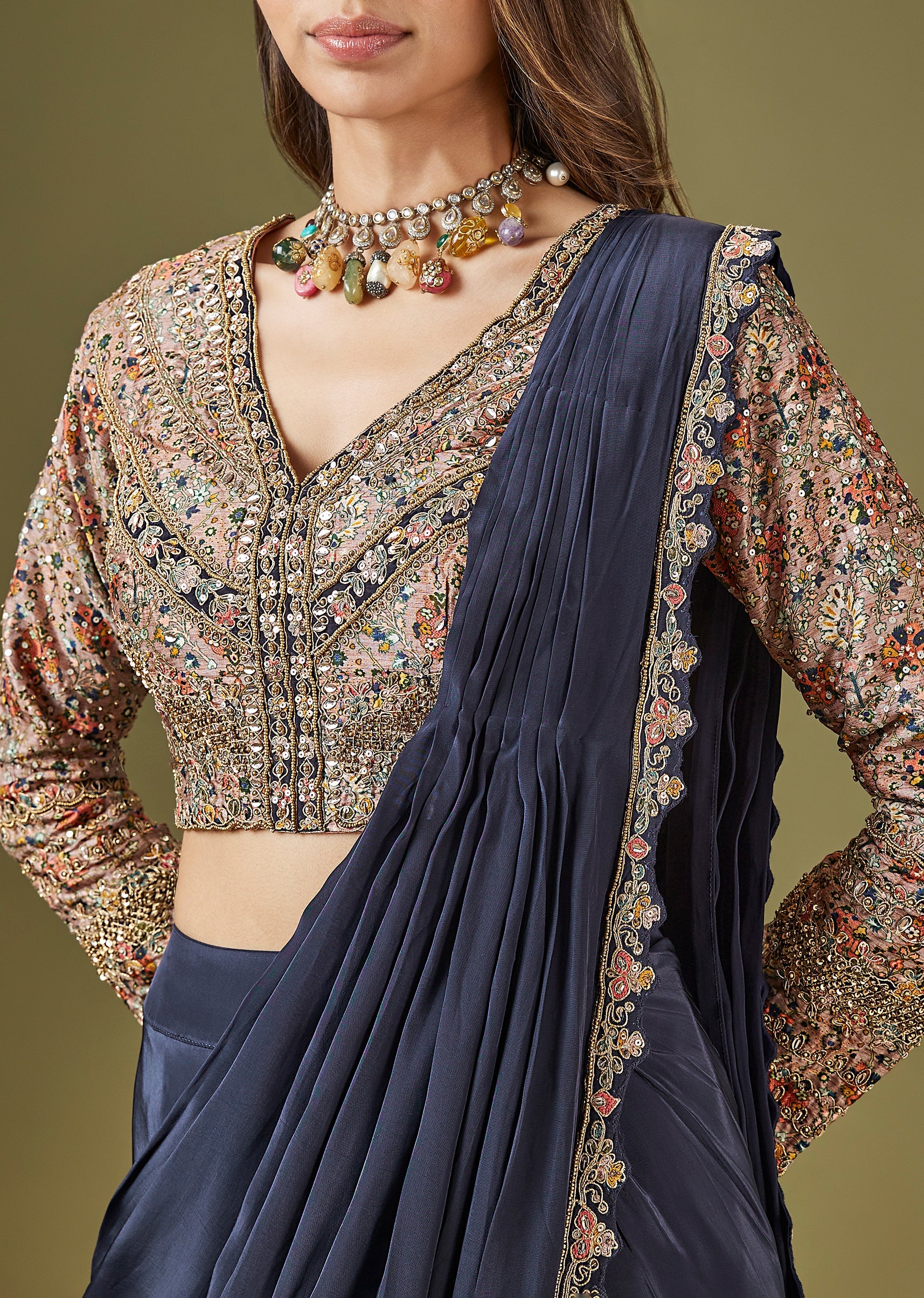 Navy Blue Printed Ready Pleated Saree With Embellished Blouse - Image 2
