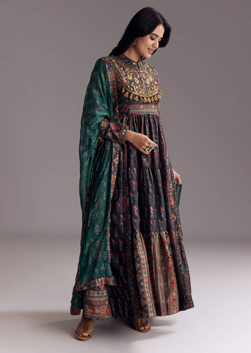 Navy Blue Printed Silk Anarkali With Dupatta - Image 3