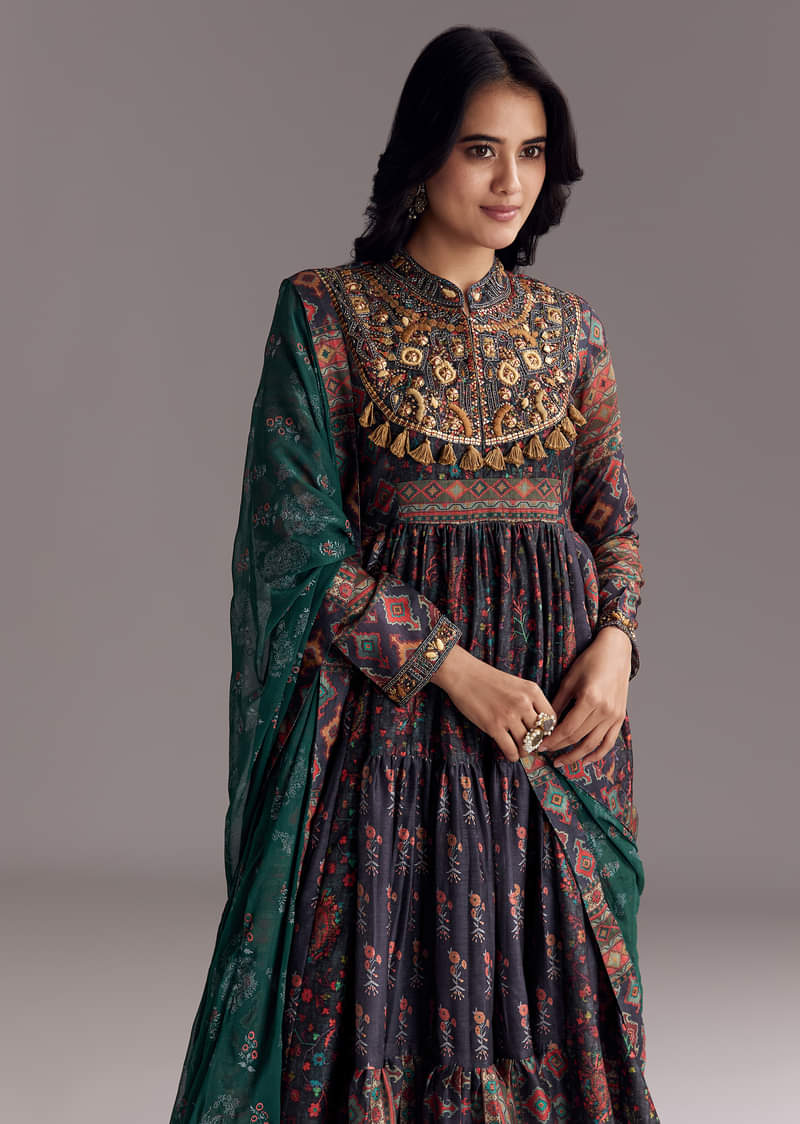 Navy Blue Printed Silk Anarkali With Dupatta - Image 4
