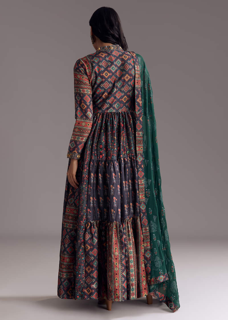 Navy Blue Printed Silk Anarkali With Dupatta - Image 6