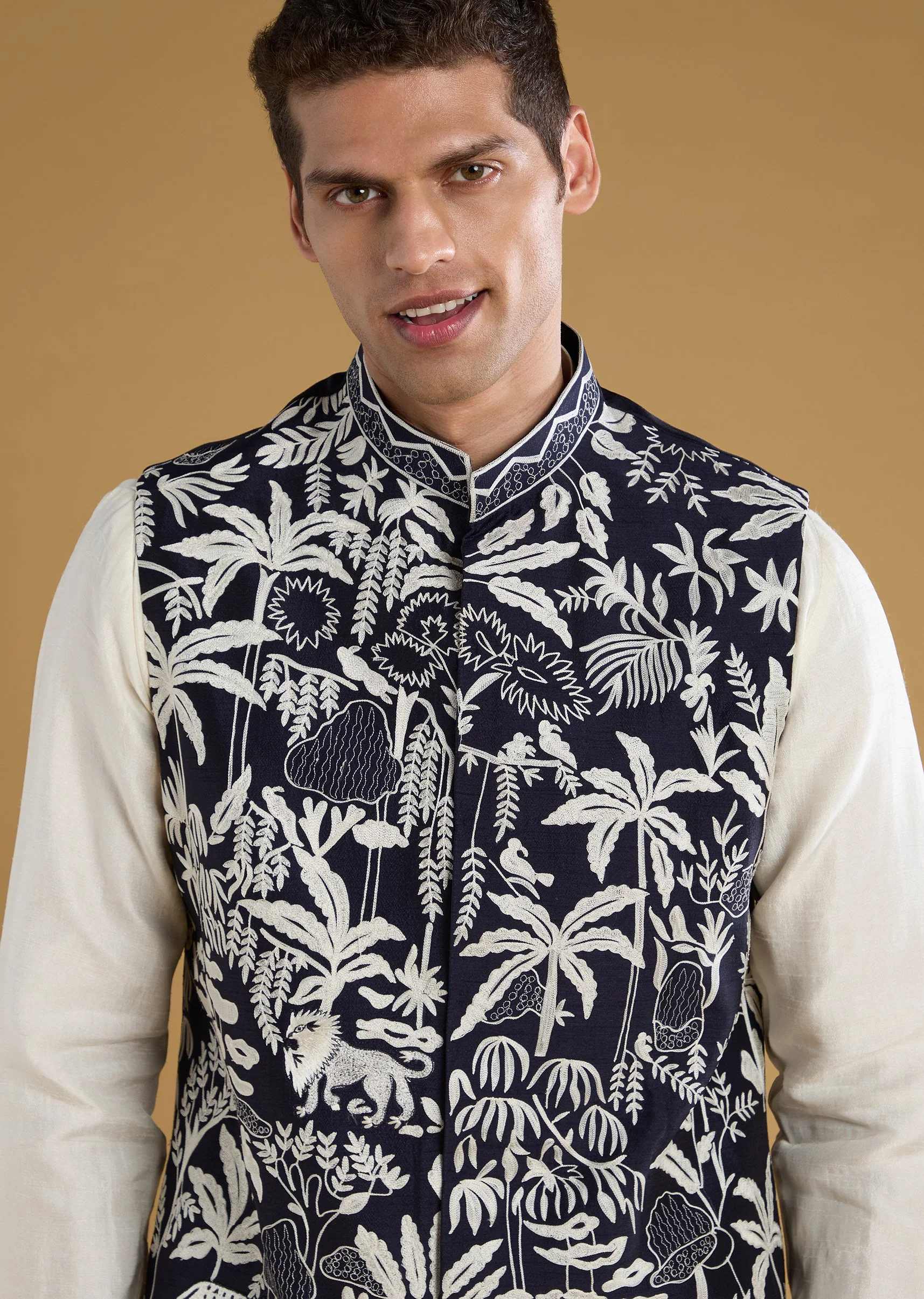 Navy Blue Resham Embroidered Jacket and Kurta Set - Image 2