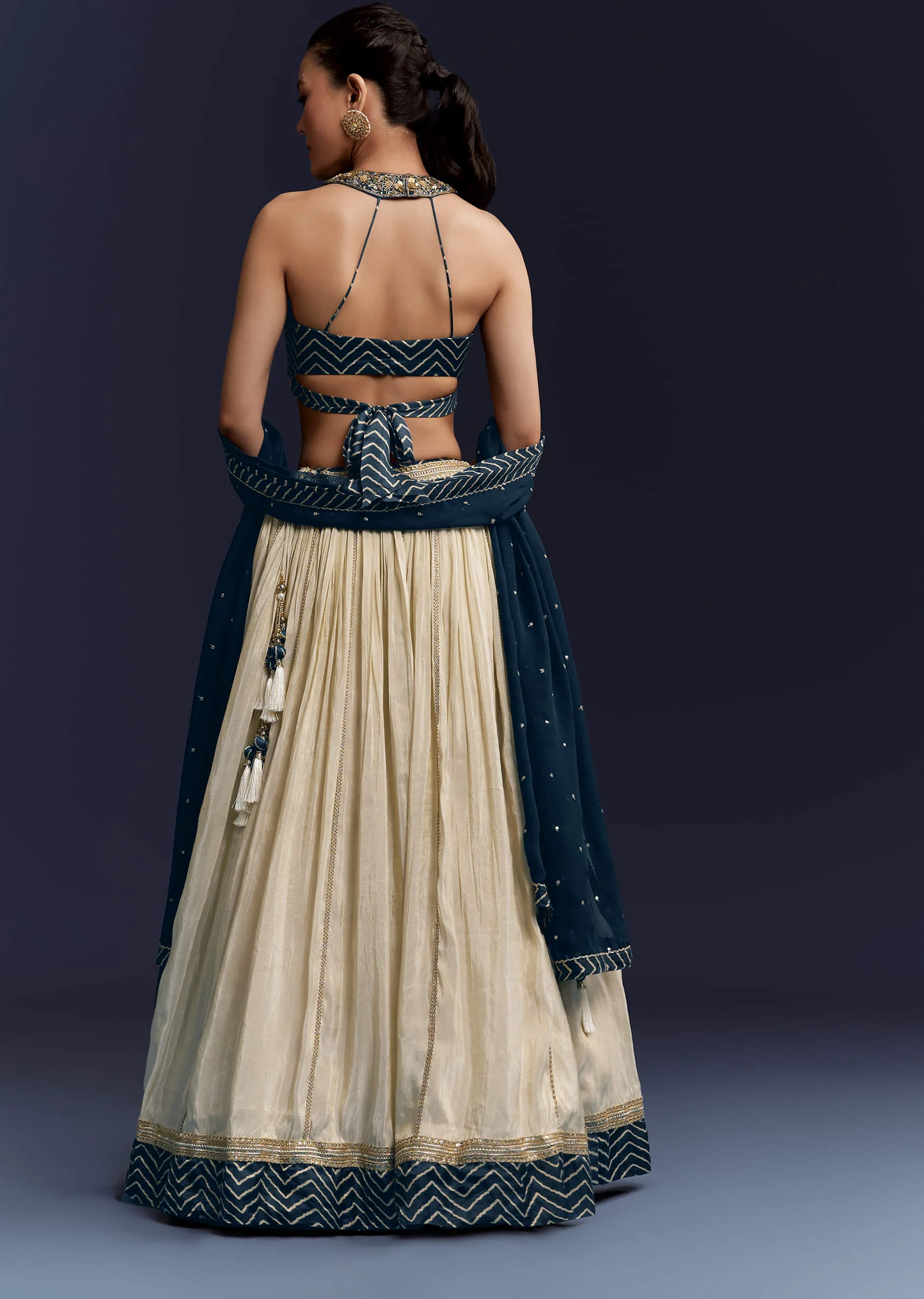 Navy Blue Satin Bridesmaid Lehenga With Hand Dyed Chevron Print Choli - Image 2