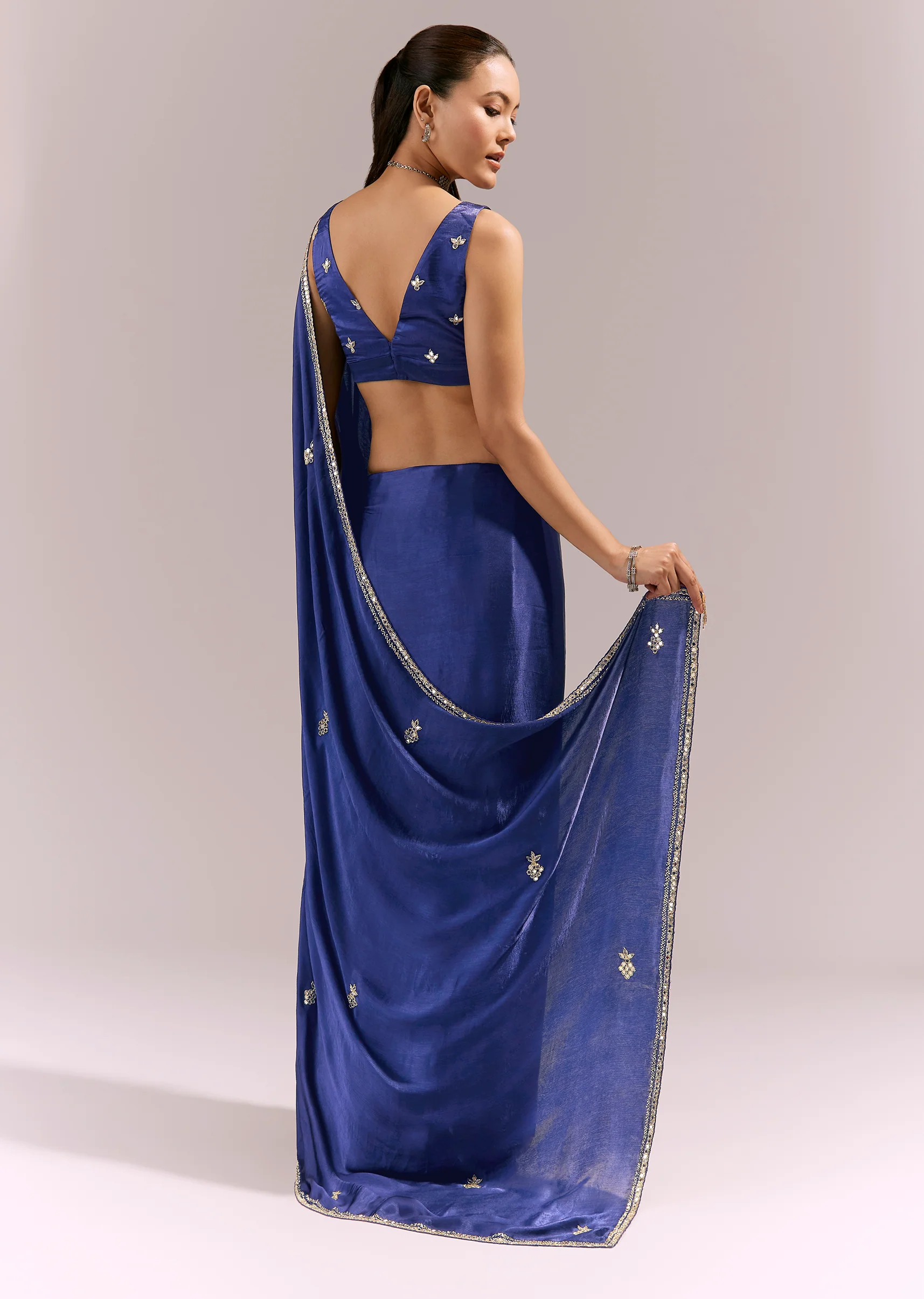 Navy Blue Satin Chinon Saree With Mirror And Bead Embroidered Border - Image 4