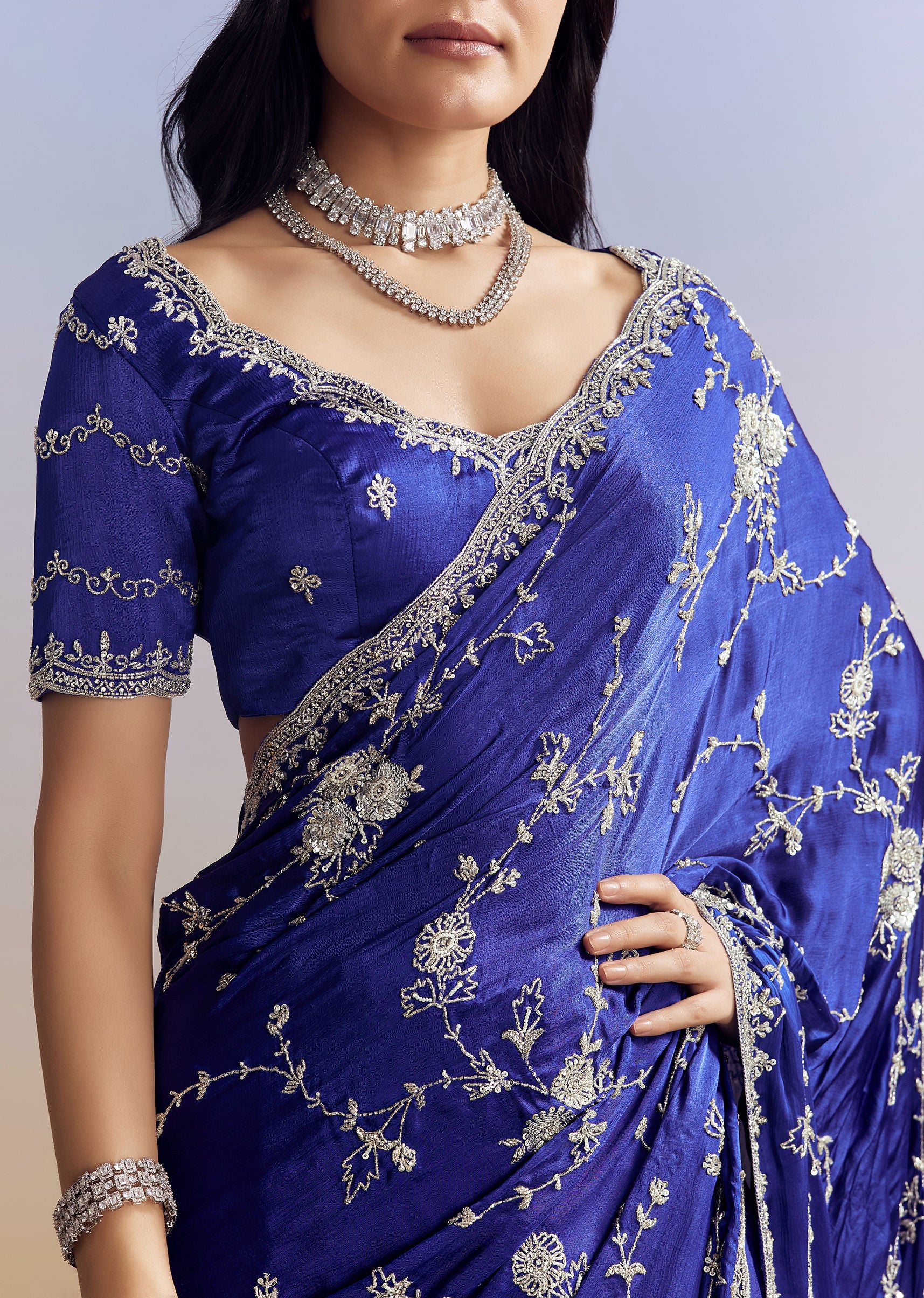 Navy Blue Satin Saree With All Over Floral Jaal Embroidery - Image 2
