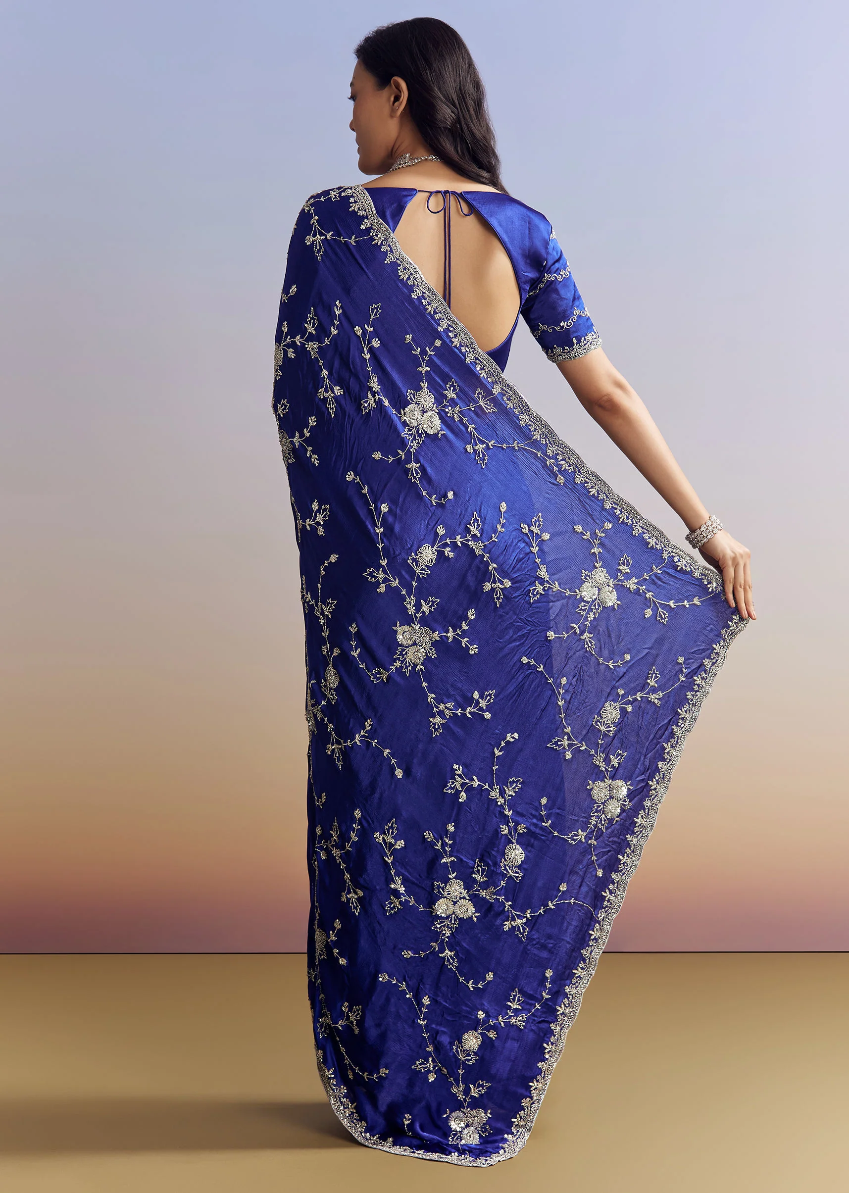 Navy Blue Satin Saree With All Over Floral Jaal Embroidery - Image 6
