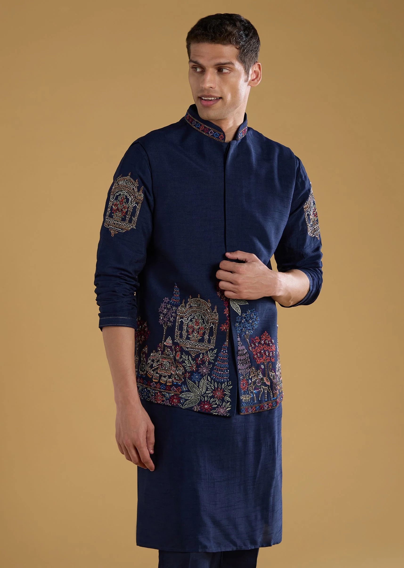 Navy Blue Silk Embellished Mens Jacket Kurta Set - Image 4
