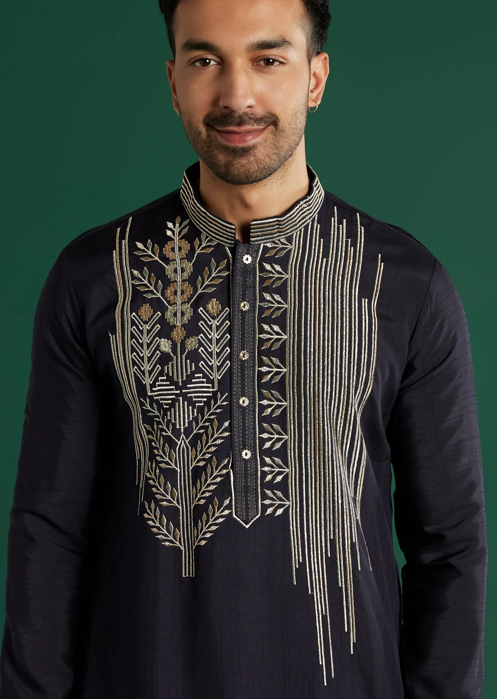 Navy Blue Silk Kurta Set For Men With Gota Work - Image 2
